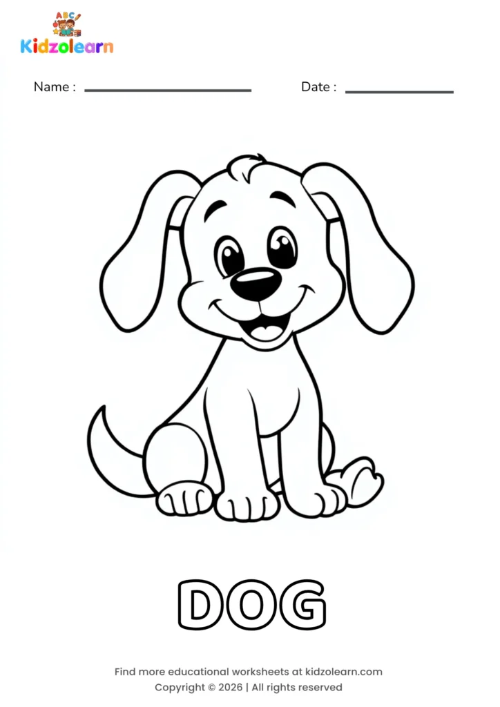 Free dog coloring page for kids – printable PDF of a friendly, floppy-eared puppy sitting down with a big open-mouth smile, ready to be colored in