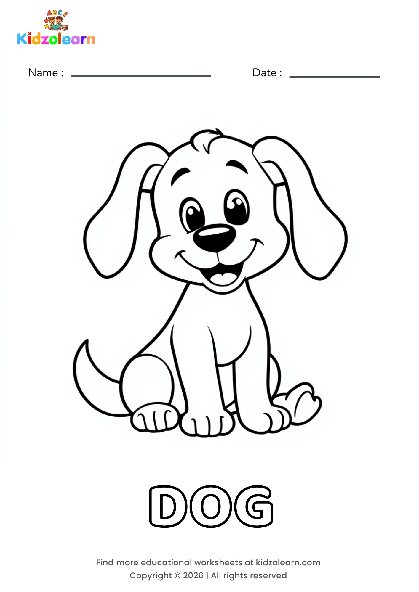 Free dog coloring page for kids – printable PDF of a friendly, floppy-eared puppy sitting down with a big open-mouth smile, ready to be colored in