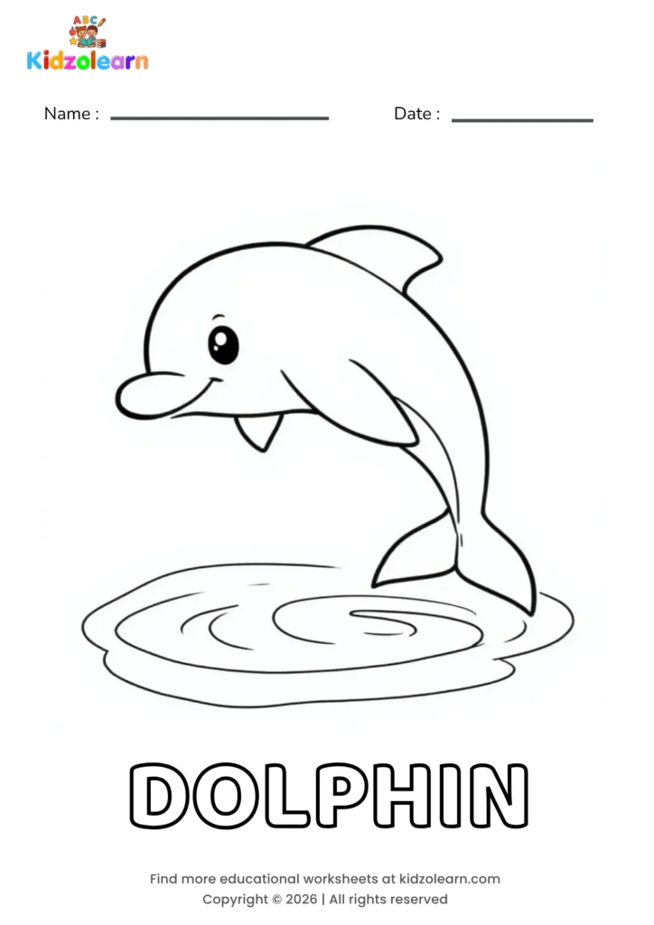 Free dolphin coloring page for kids – printable PDF of a dolphin leaping out of the water with a curved fin and a happy expression, splashing below