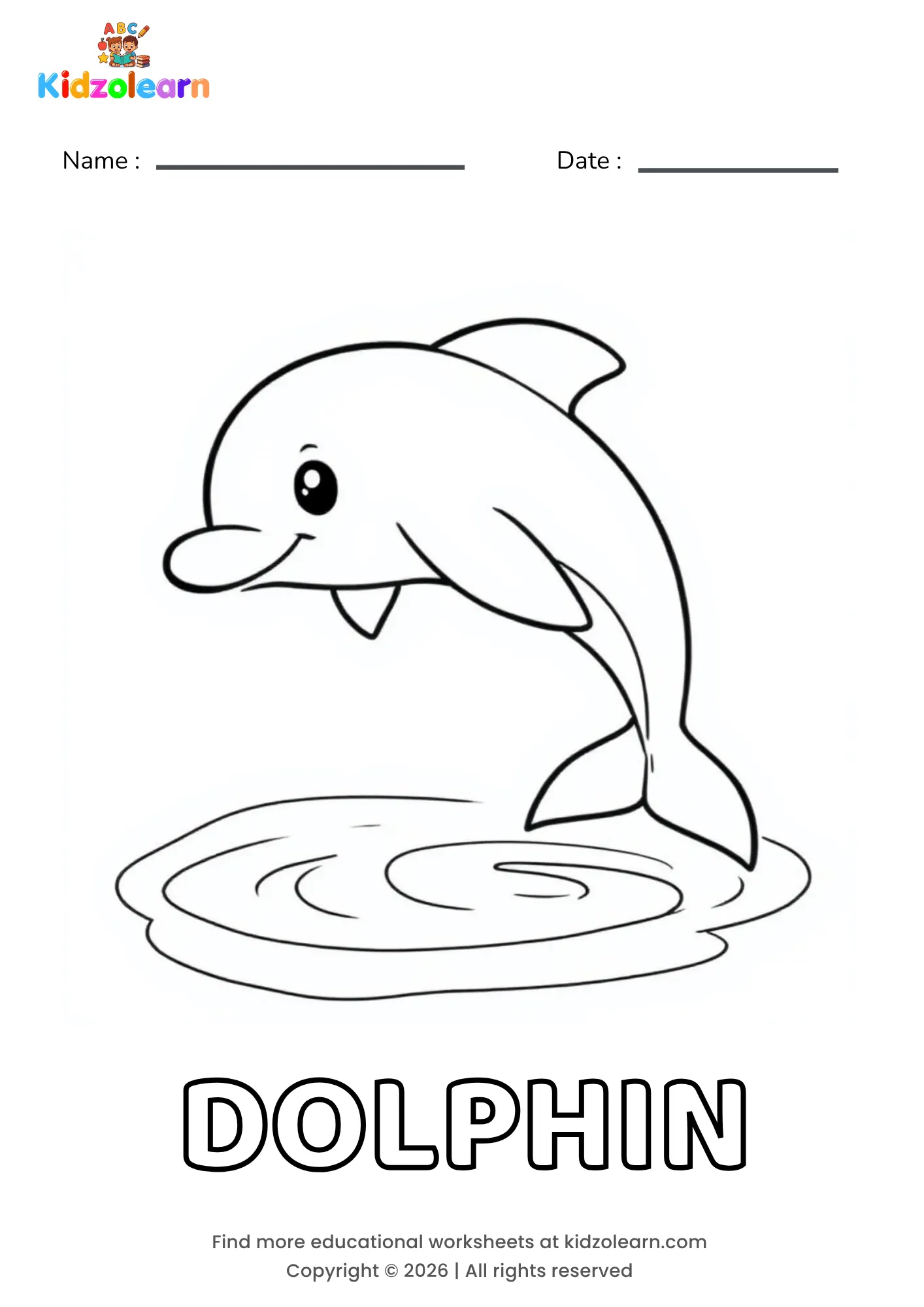 Free dolphin coloring page for kids – printable PDF of a dolphin leaping out of the water with a curved fin and a happy expression, splashing below