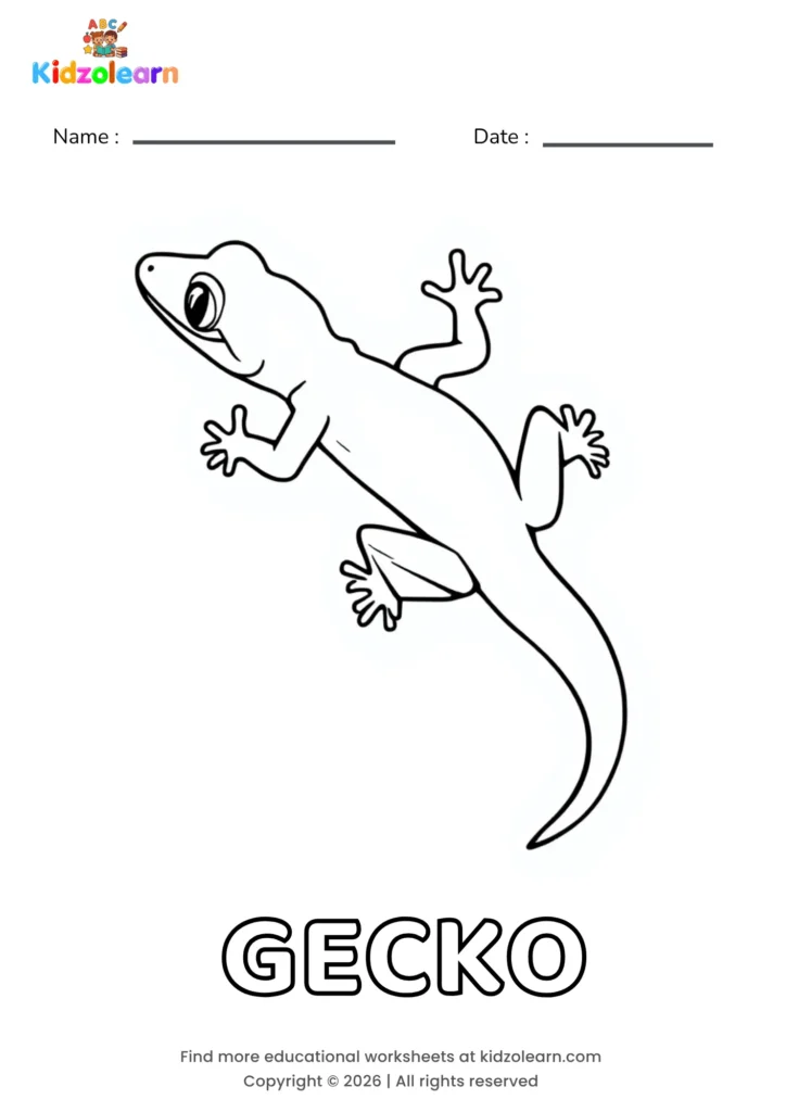 Free gecko coloring page for kids – printable PDF of a gecko with big round eyes and long toes, shown climbing with all four legs spread out