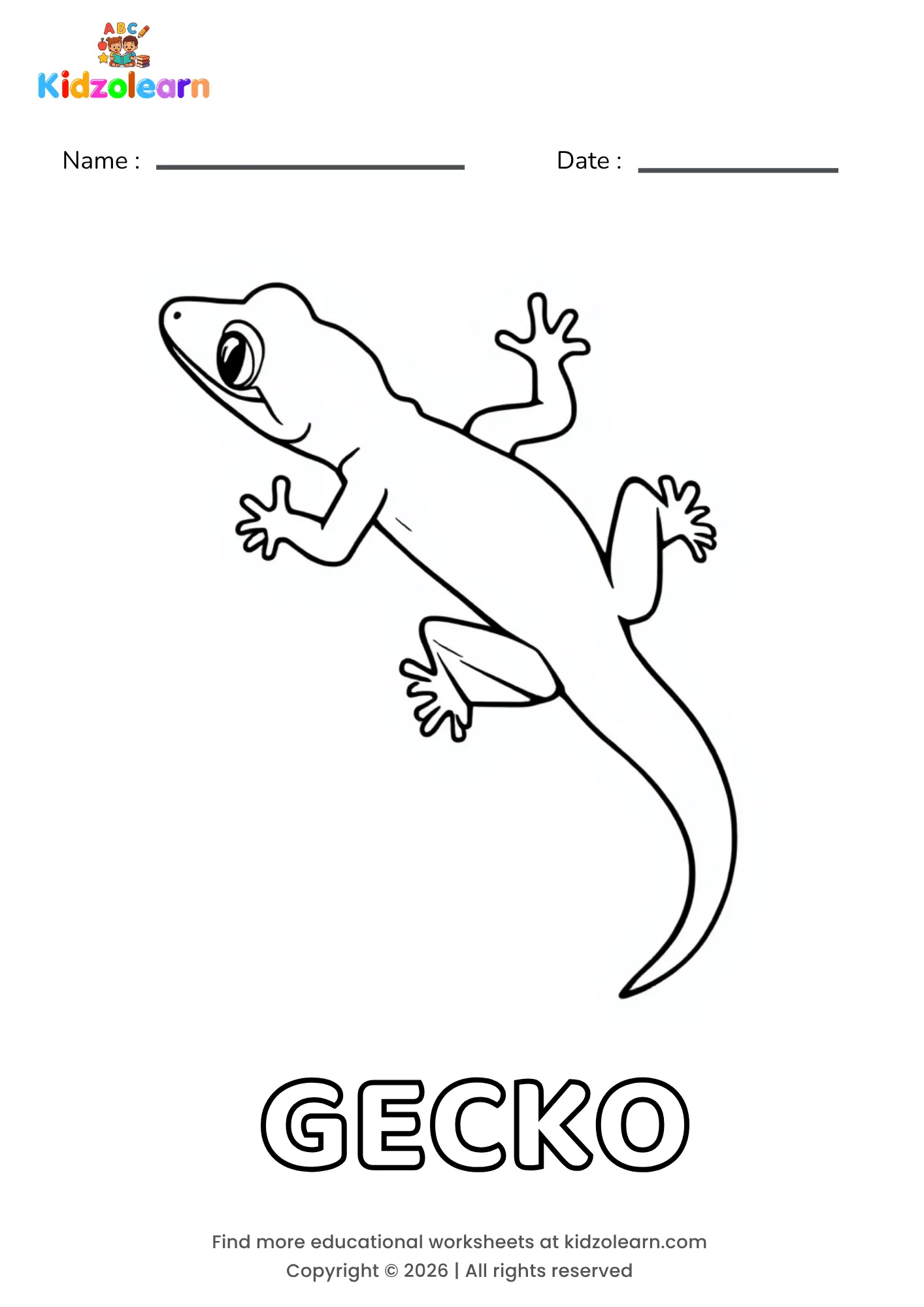 Free gecko coloring page for kids – printable PDF of a gecko with big round eyes and long toes, shown climbing with all four legs spread out