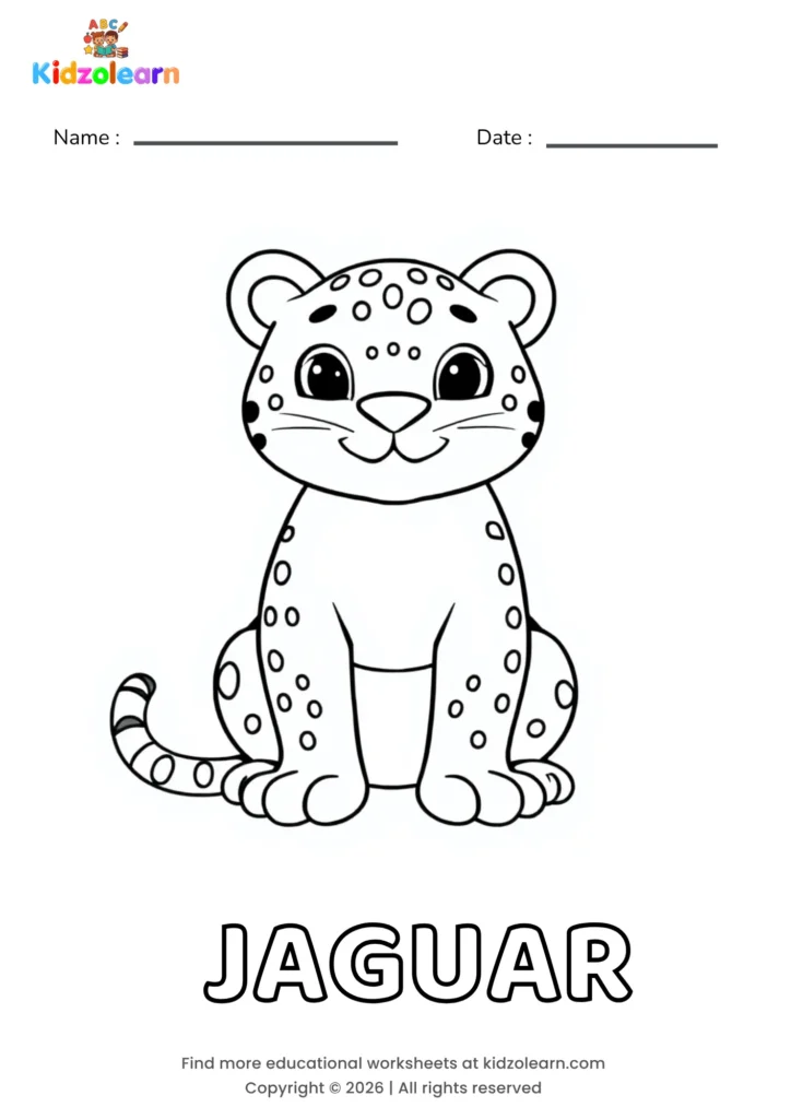 Free jaguar coloring page for kids – printable PDF of a spotted jaguar cub sitting upright with big eyes and a long curled tail