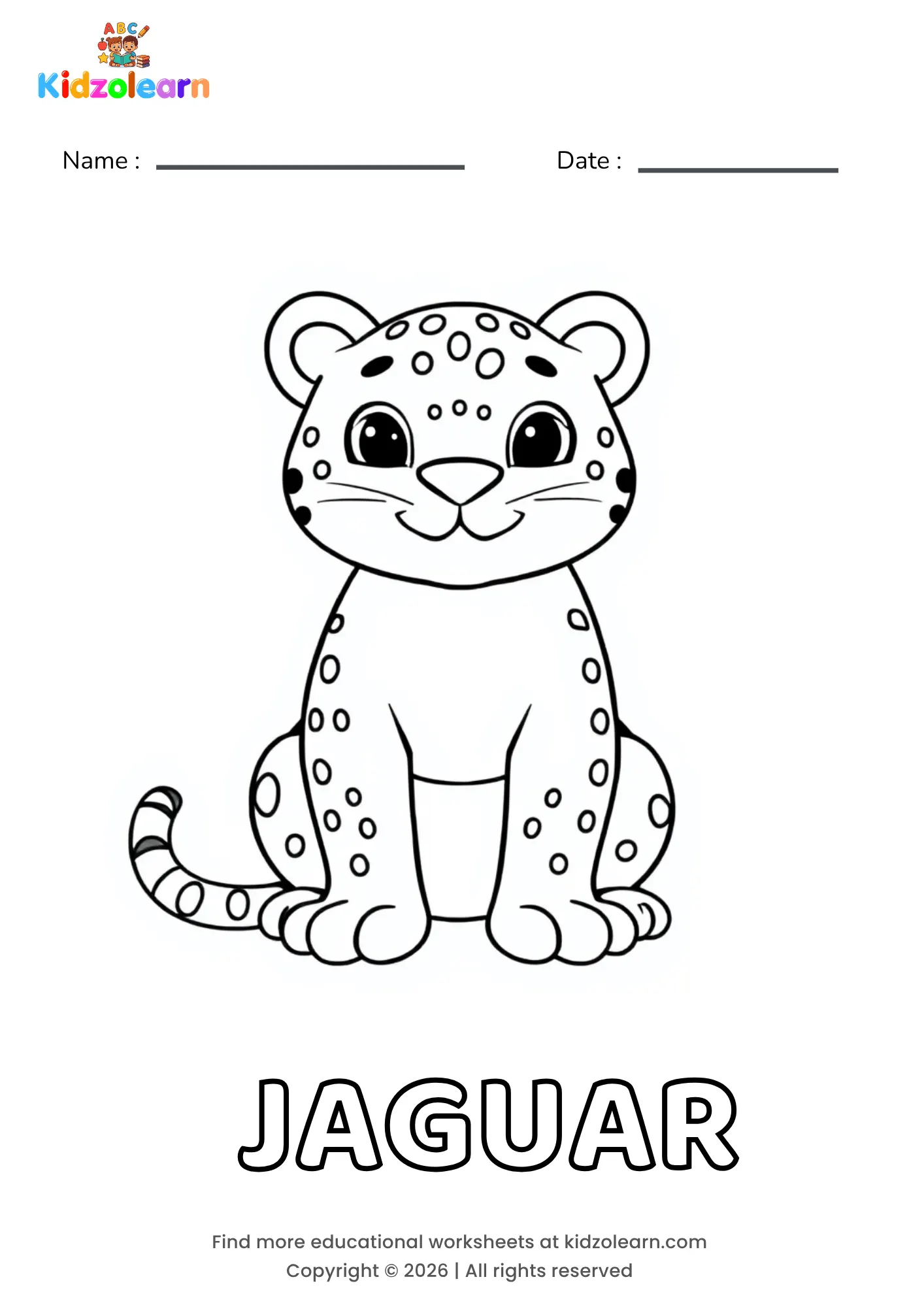 Free jaguar coloring page for kids – printable PDF of a spotted jaguar cub sitting upright with big eyes and a long curled tail