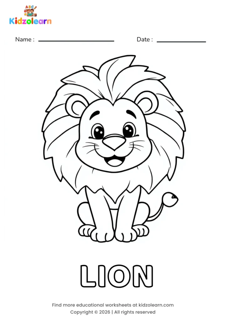 Free lion coloring page for kids – printable PDF of a smiling lion cub with a full, spiky mane and long whiskers, sitting upright