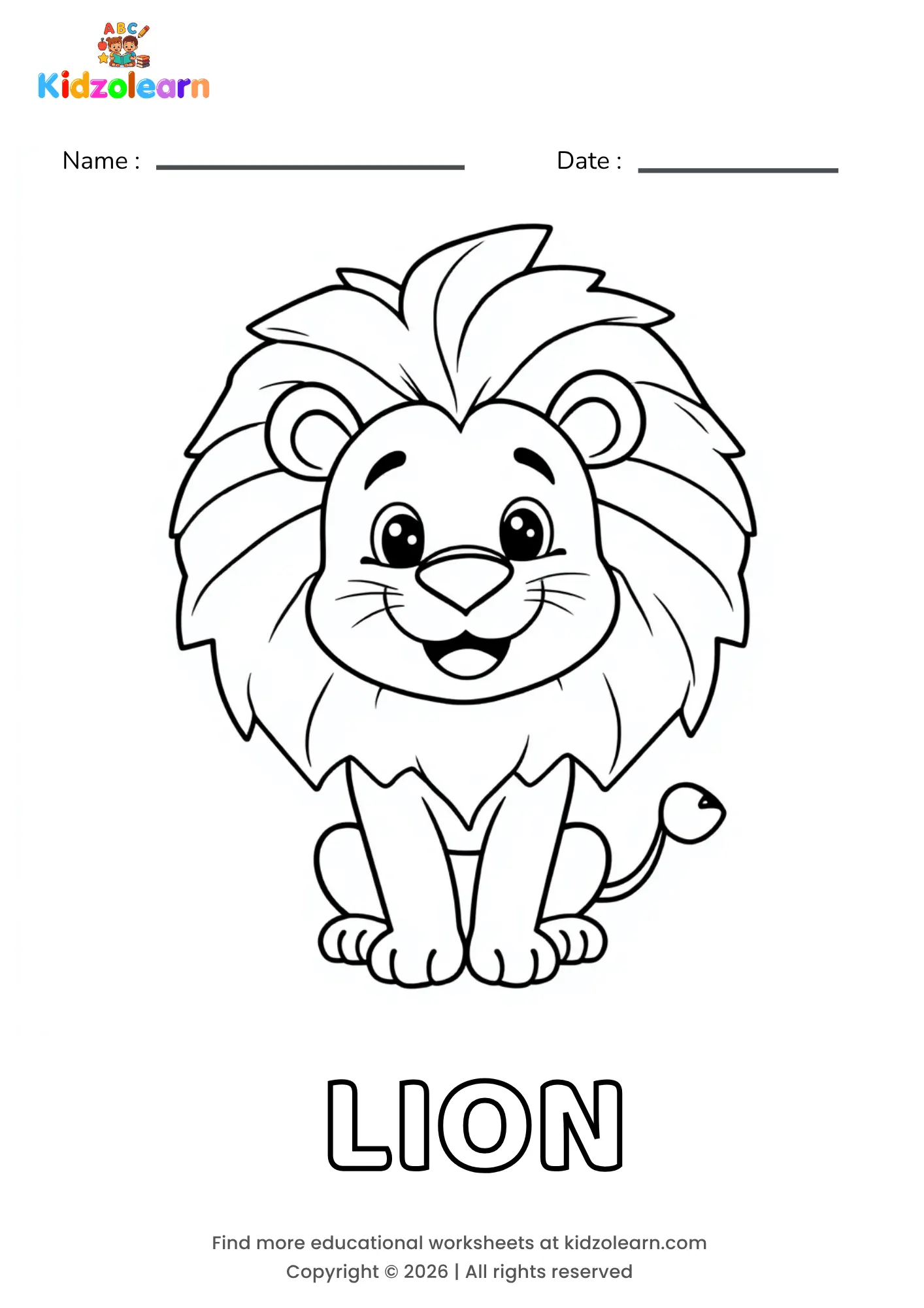 Free lion coloring page for kids – printable PDF of a smiling lion cub with a full, spiky mane and long whiskers, sitting upright