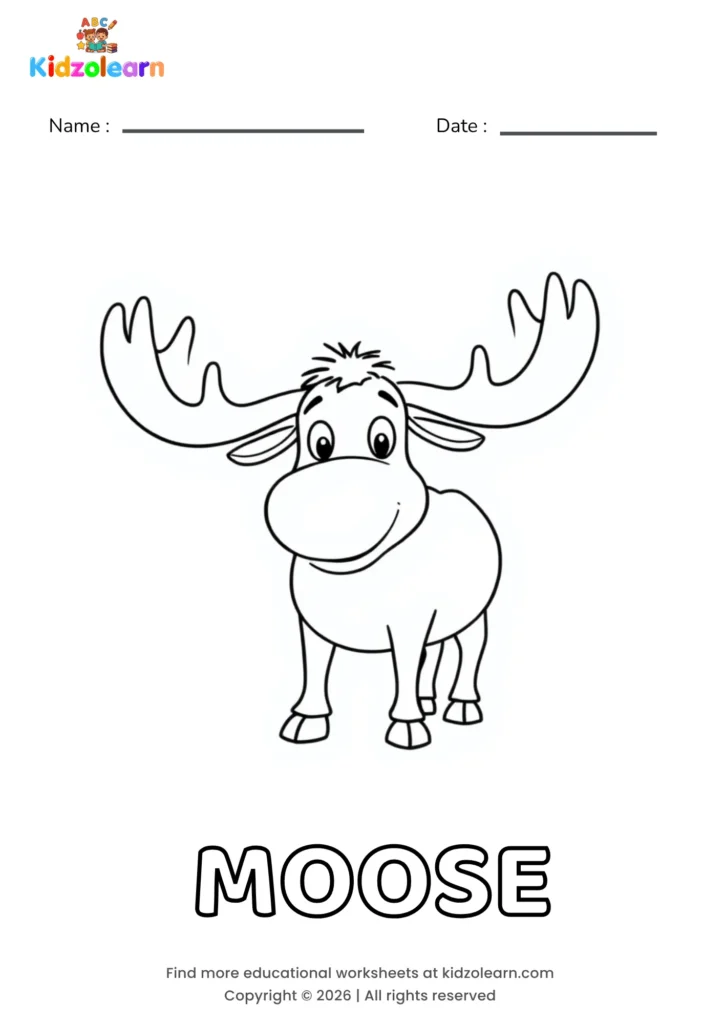 Free moose coloring page for kids – printable PDF of a moose with tall branching antlers and a gentle, friendly expression