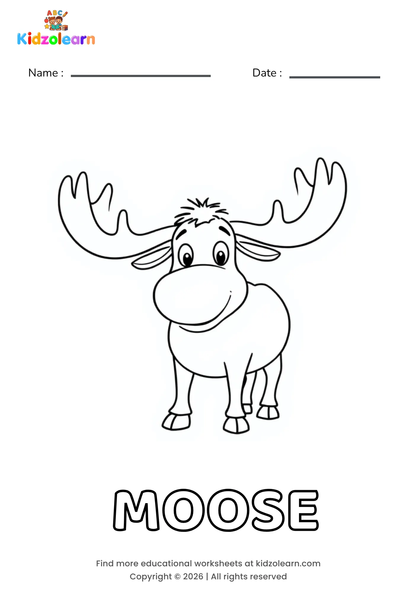 Free moose coloring page for kids – printable PDF of a moose with tall branching antlers and a gentle, friendly expression