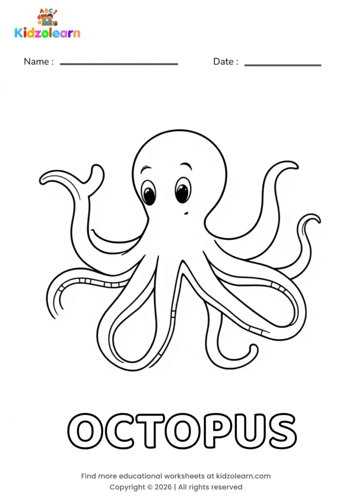 Free octopus coloring page for kids – printable PDF of a big-eyed octopus with eight curling, wavy tentacles spread out around its round head