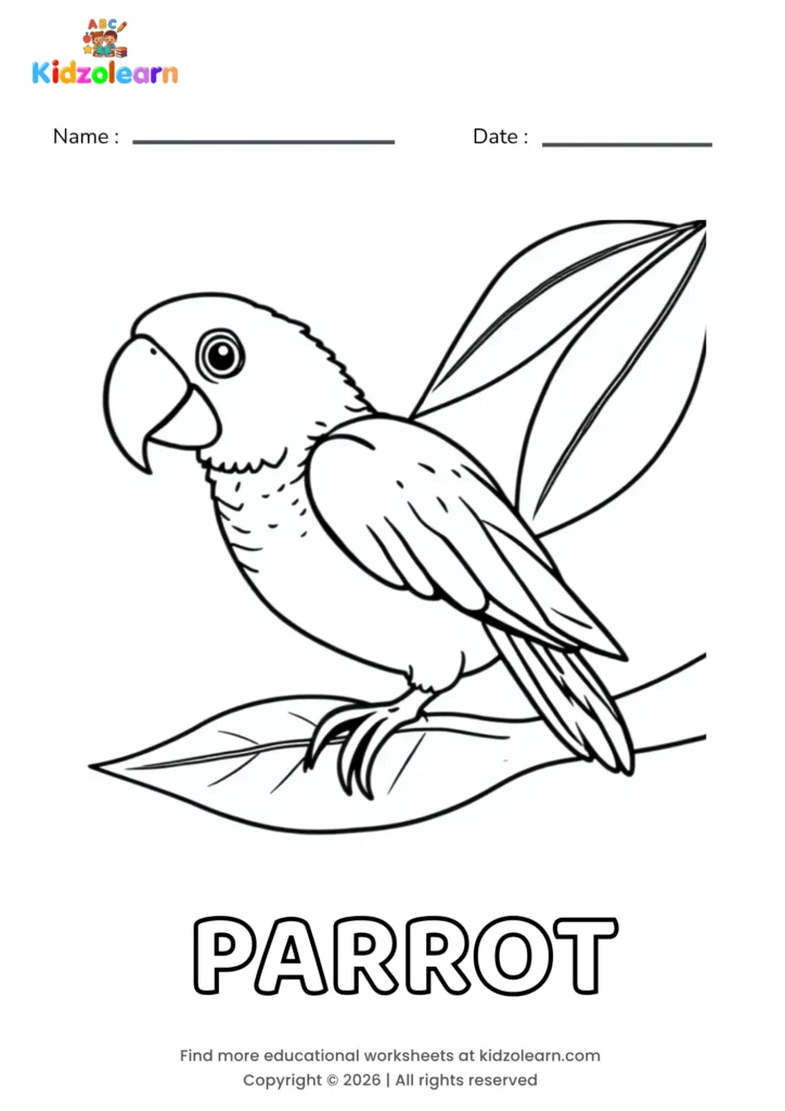 Free parrot coloring page for kids – printable PDF of a colorful parrot with a curved beak, perched on a leafy branch with large wing feathers spread