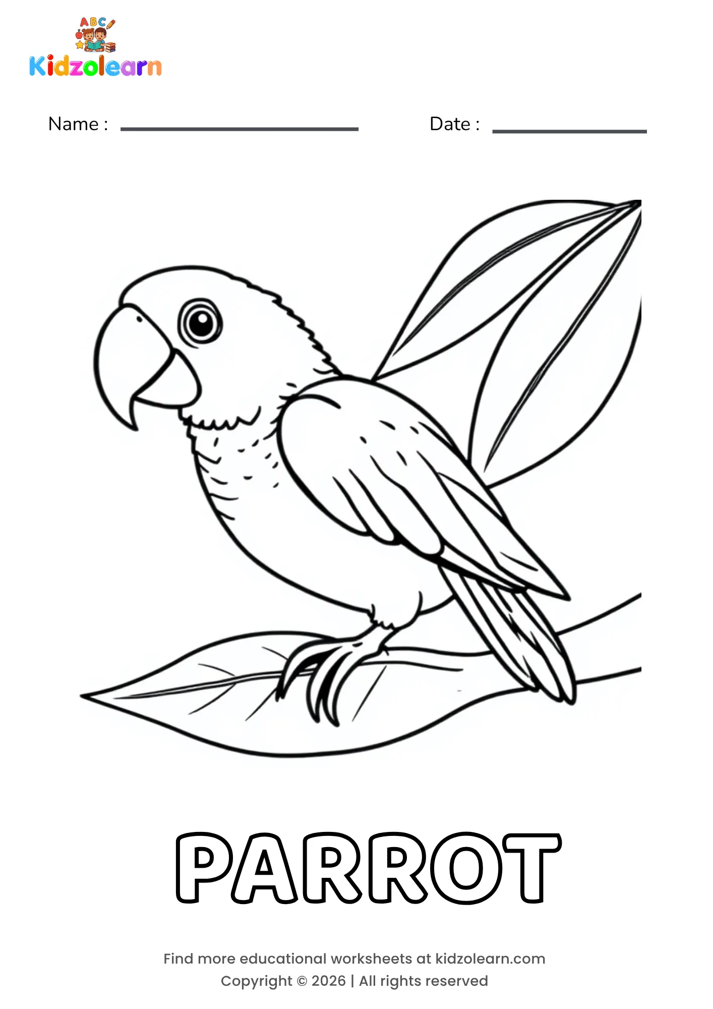 Free parrot coloring page for kids – printable PDF of a colorful parrot with a curved beak, perched on a leafy branch with large wing feathers spread