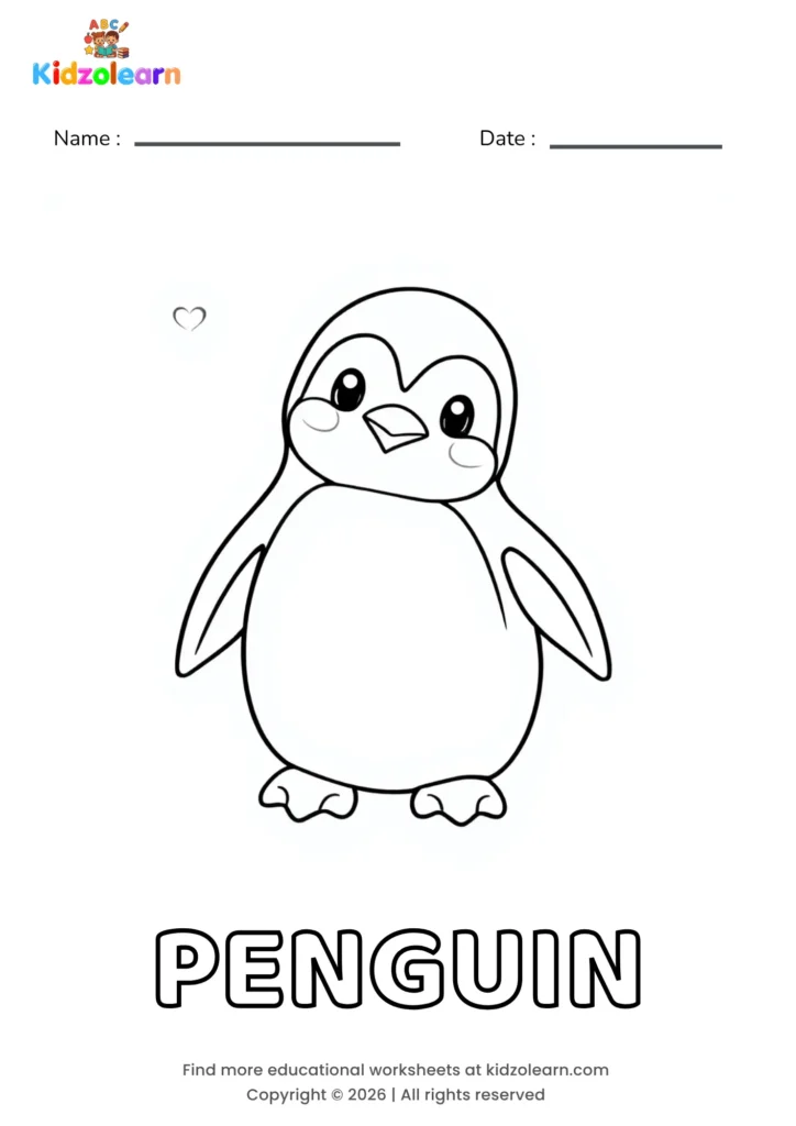 Free penguin coloring page for kids – printable PDF of a round, waddling penguin with small wings held out to the sides and a tiny heart floating nearby