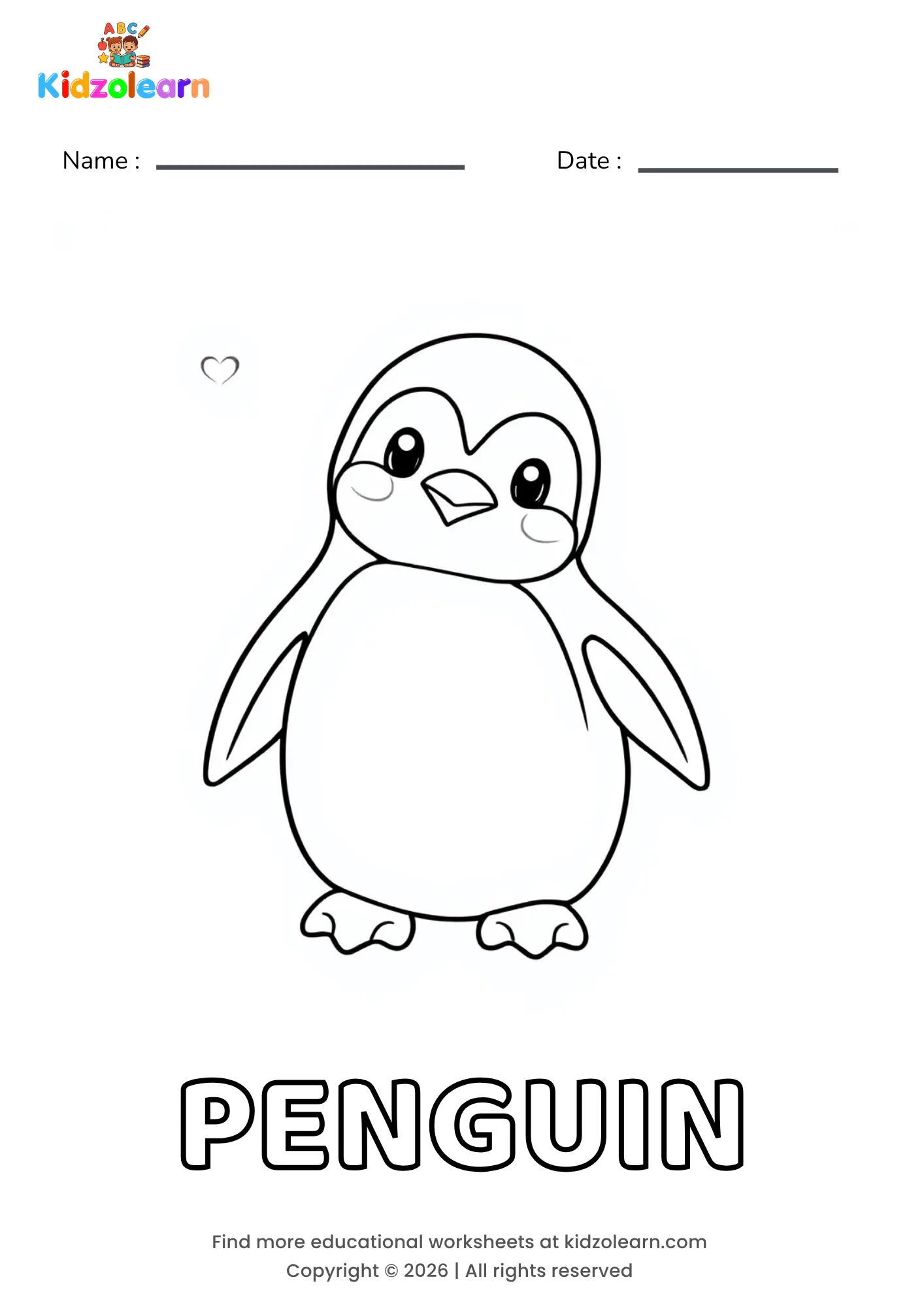 Free penguin coloring page for kids – printable PDF of a round, waddling penguin with small wings held out to the sides and a tiny heart floating nearby