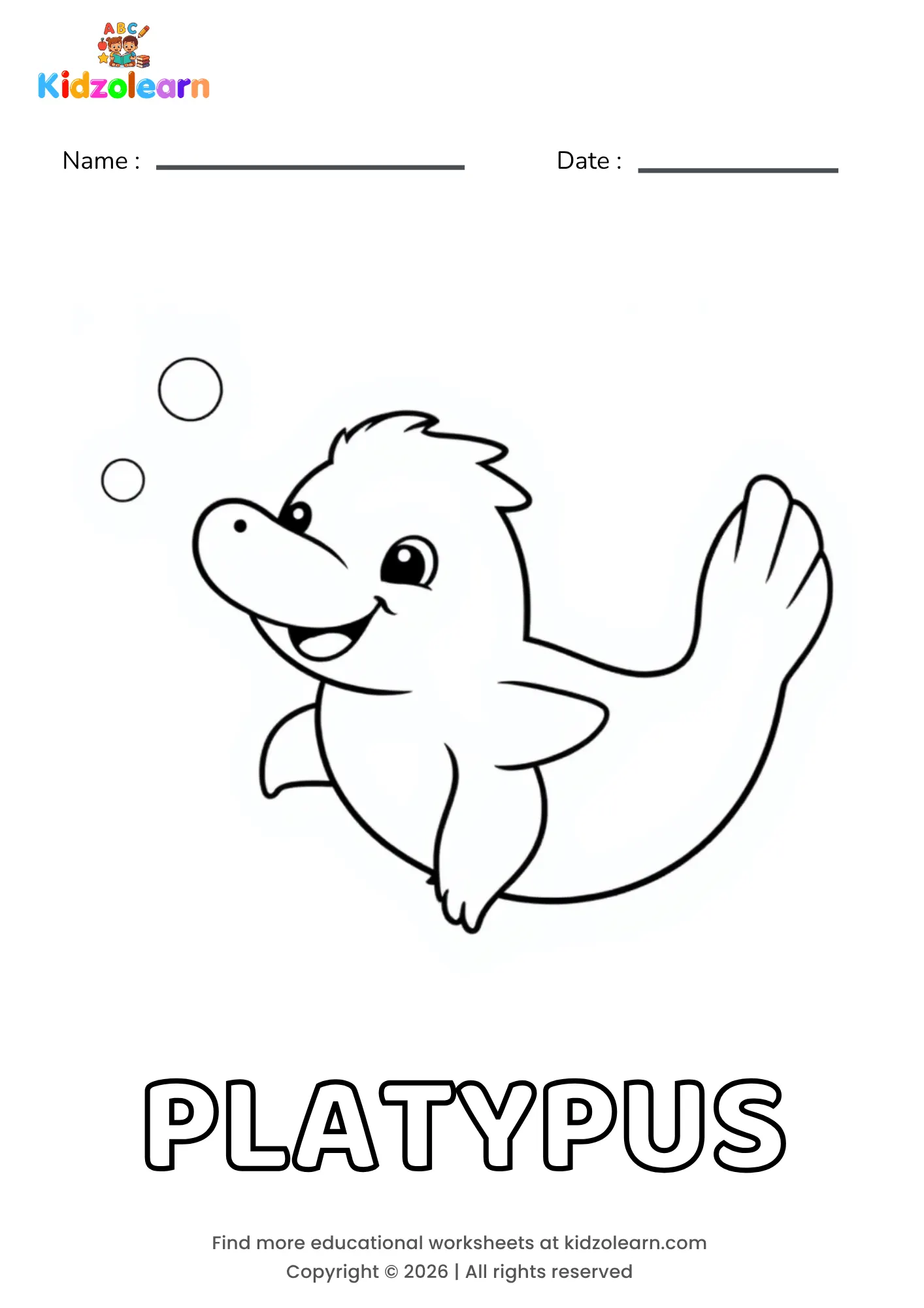 Free platypus coloring page for kids – printable PDF of a swimming platypus with a wide bill, webbed feet and small bubbles floating beside it