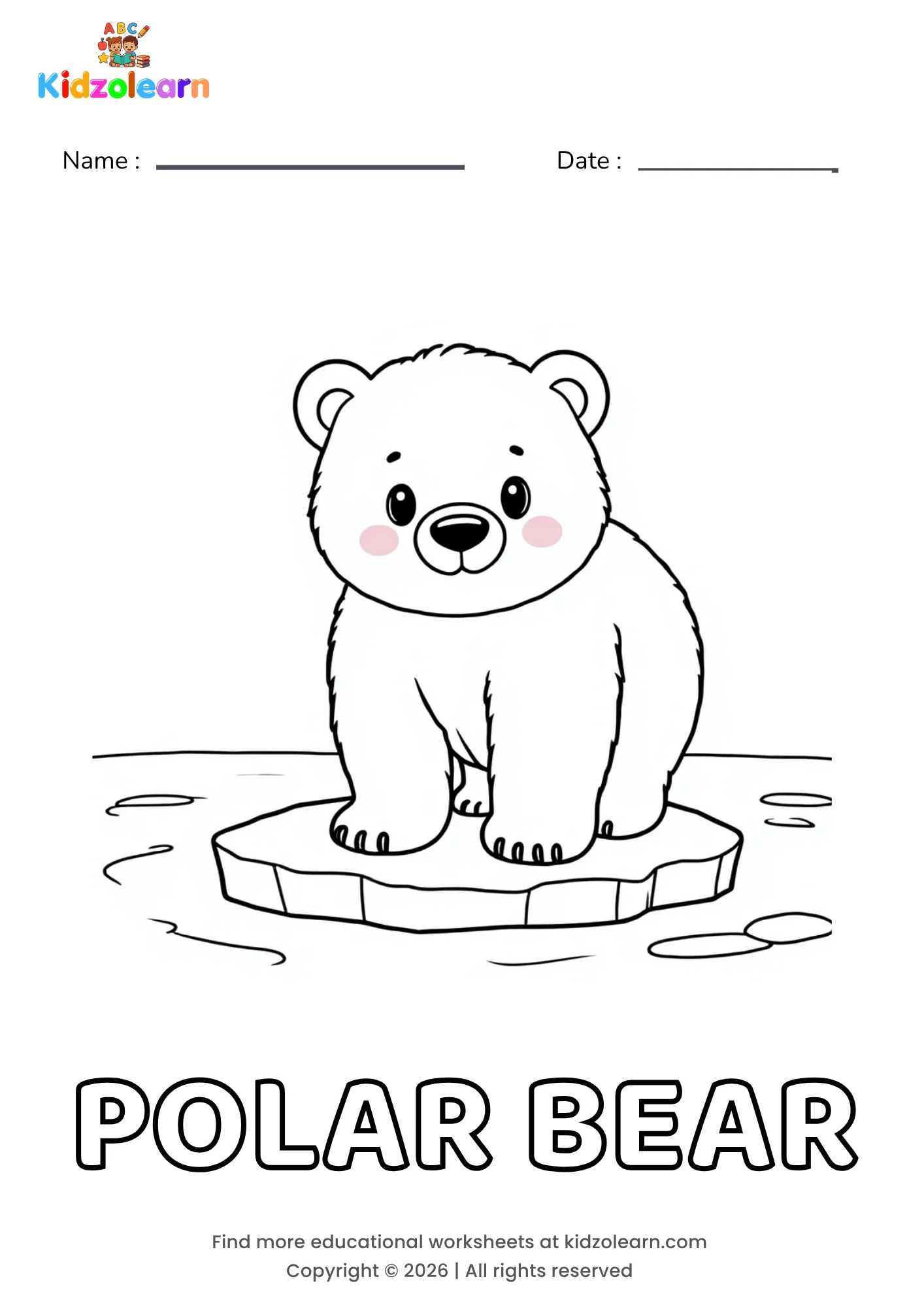 Free polar bear coloring page for kids – printable PDF of a chubby polar bear cub standing on a floating ice sheet with small paw pads showing