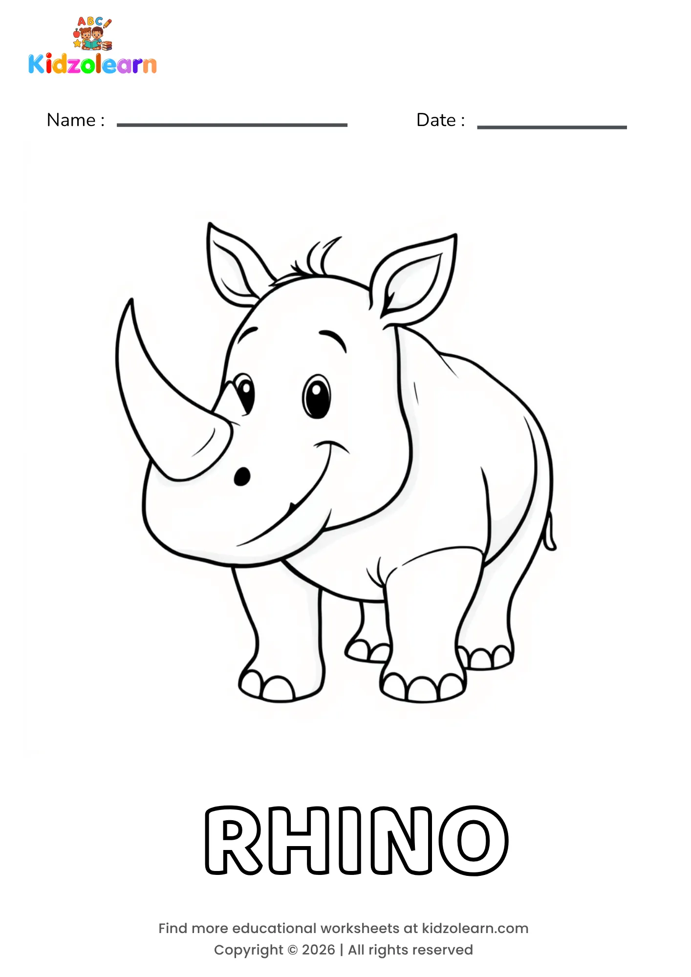 Free rhino coloring page for kids – printable PDF of a friendly rhino standing on all fours with a single curved horn and small round ears