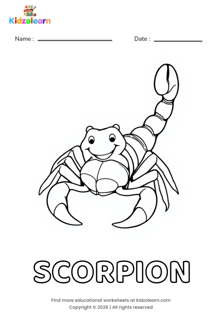 Free scorpion coloring page for kids – printable PDF of a smiling scorpion with pincers held forward and a curled tail arched over its back