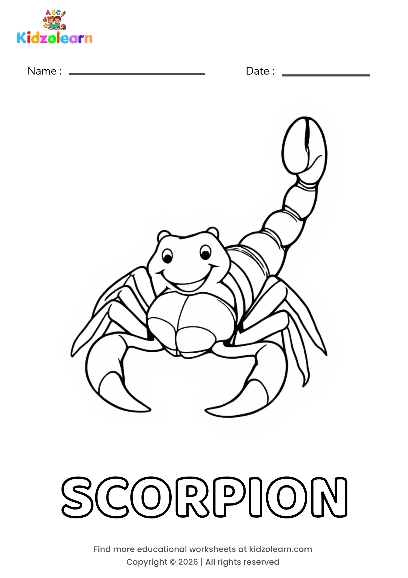 Free scorpion coloring page for kids – printable PDF of a smiling scorpion with pincers held forward and a curled tail arched over its back