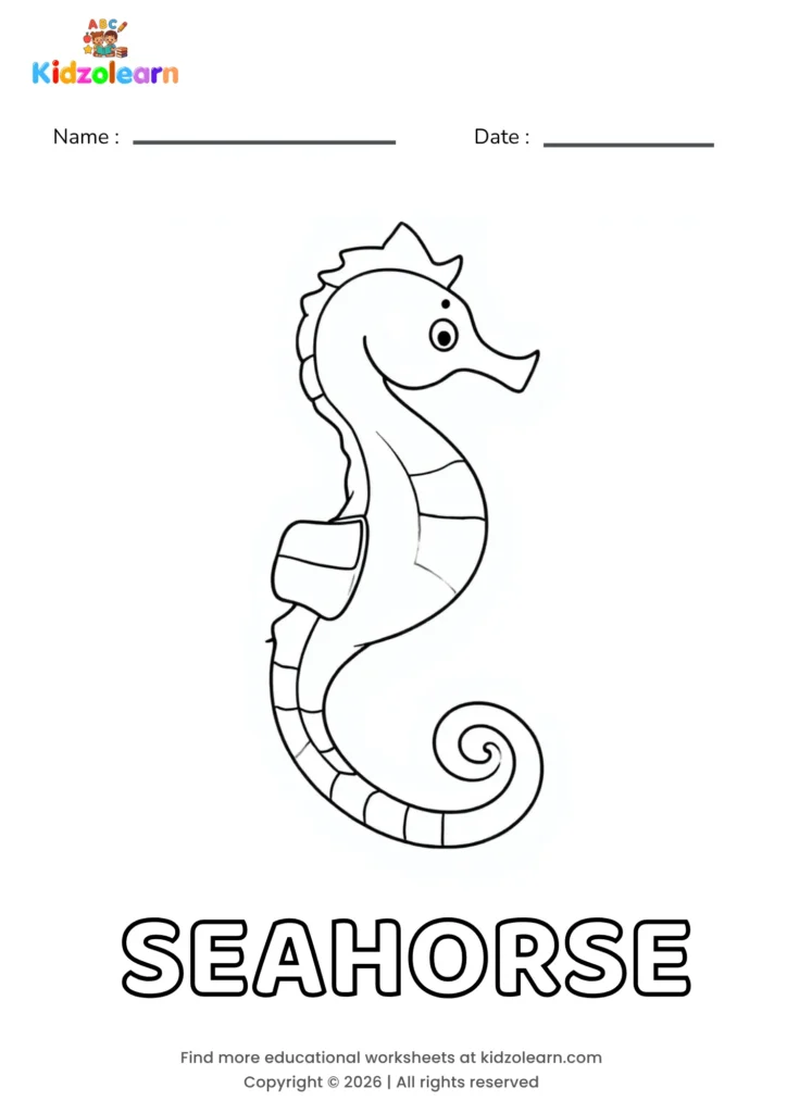 Free seahorse coloring page for kids – printable PDF of a slender seahorse with a curled tail, a small crown-like fin and a gently curved snout