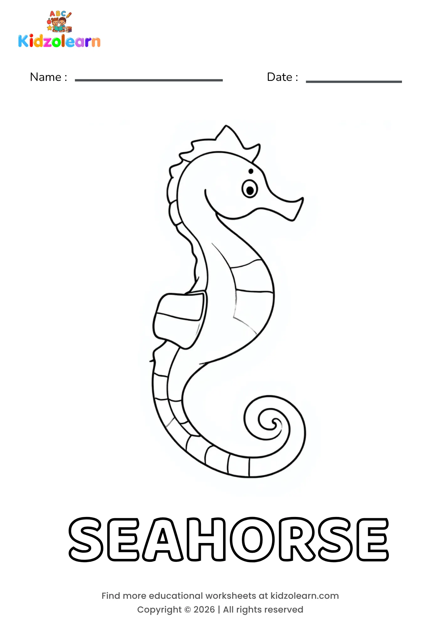 Free seahorse coloring page for kids – printable PDF of a slender seahorse with a curled tail, a small crown-like fin and a gently curved snout