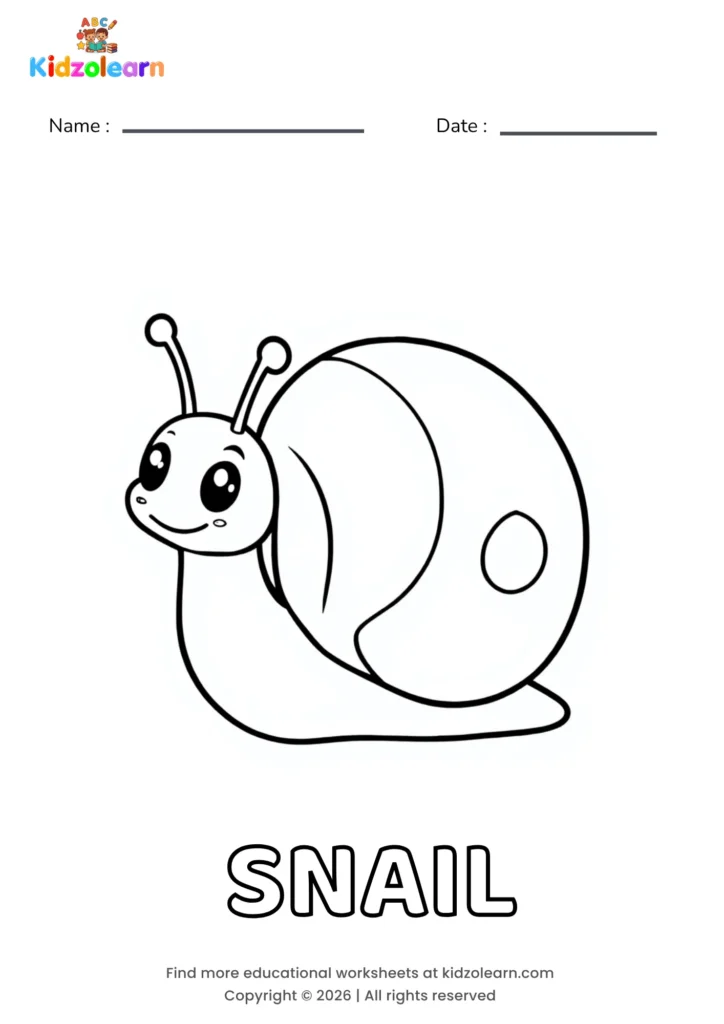 Free snail coloring page for kids – printable PDF of a smiling snail with two long antennae and a round spiral shell on its back