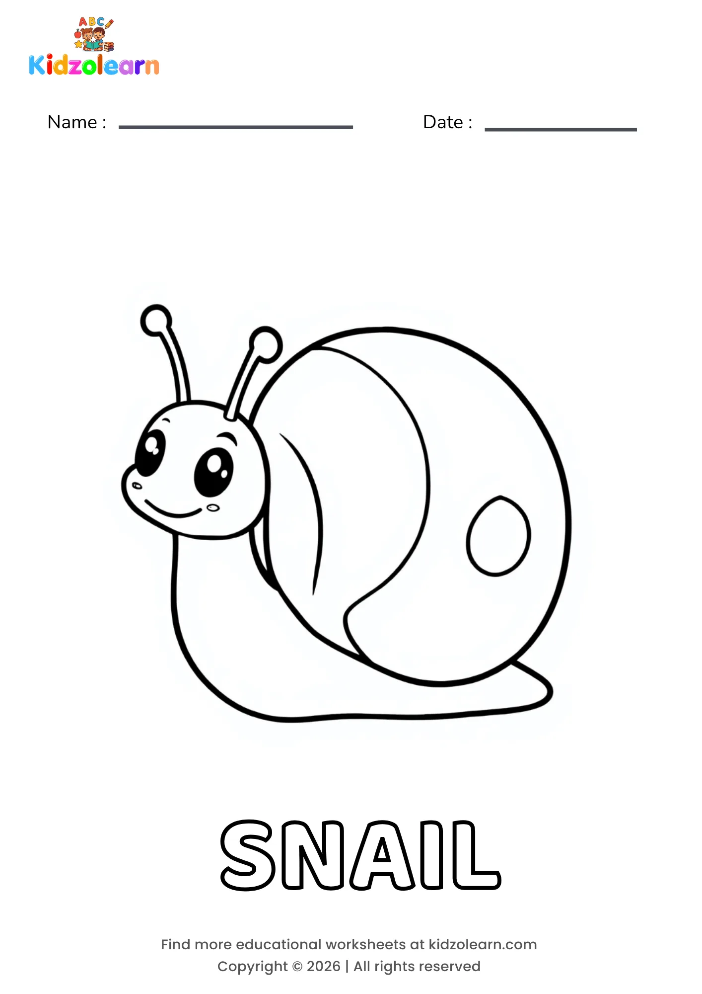 Free snail coloring page for kids – printable PDF of a smiling snail with two long antennae and a round spiral shell on its back