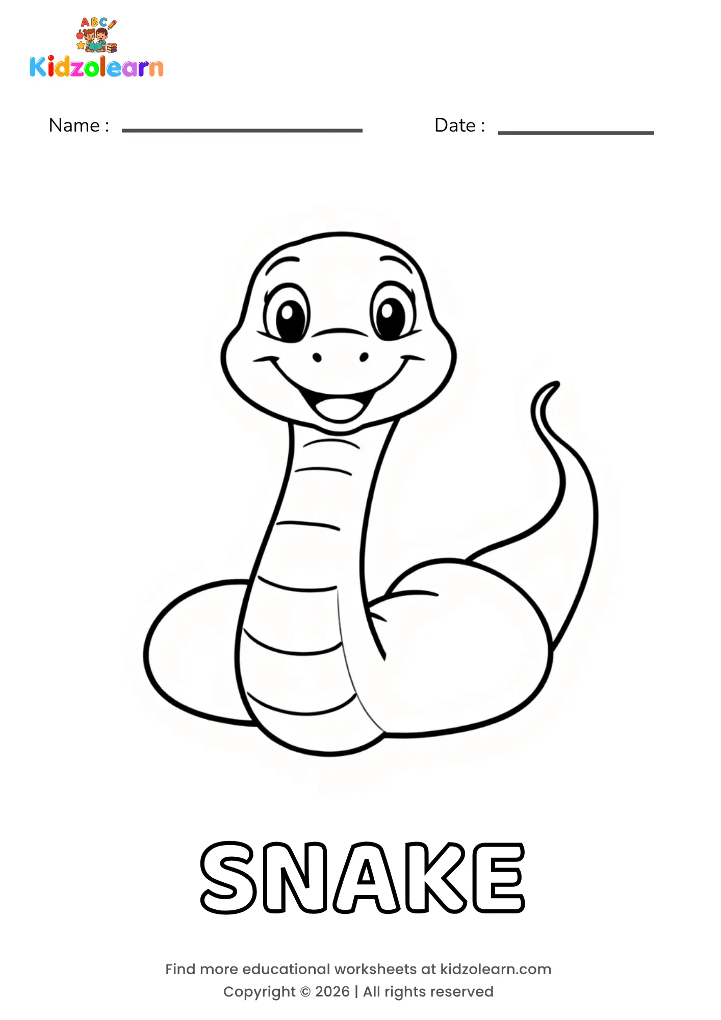Free snake coloring page for kids – printable PDF of a smiling, coiled snake with a striped body and a curved tail