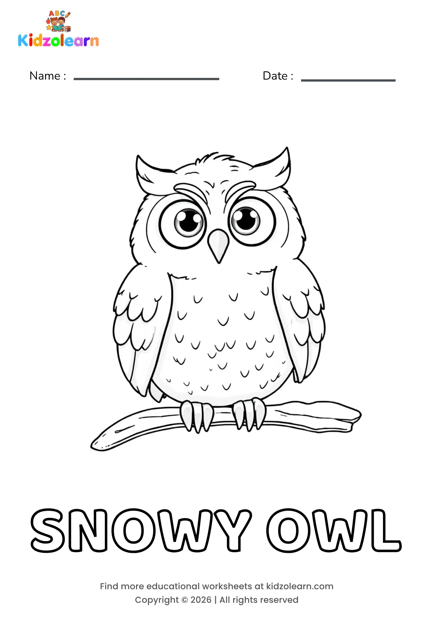 Free snowy owl coloring page for kids – printable PDF of a snowy owl with large round eyes, perched on a branch with soft feather detailing