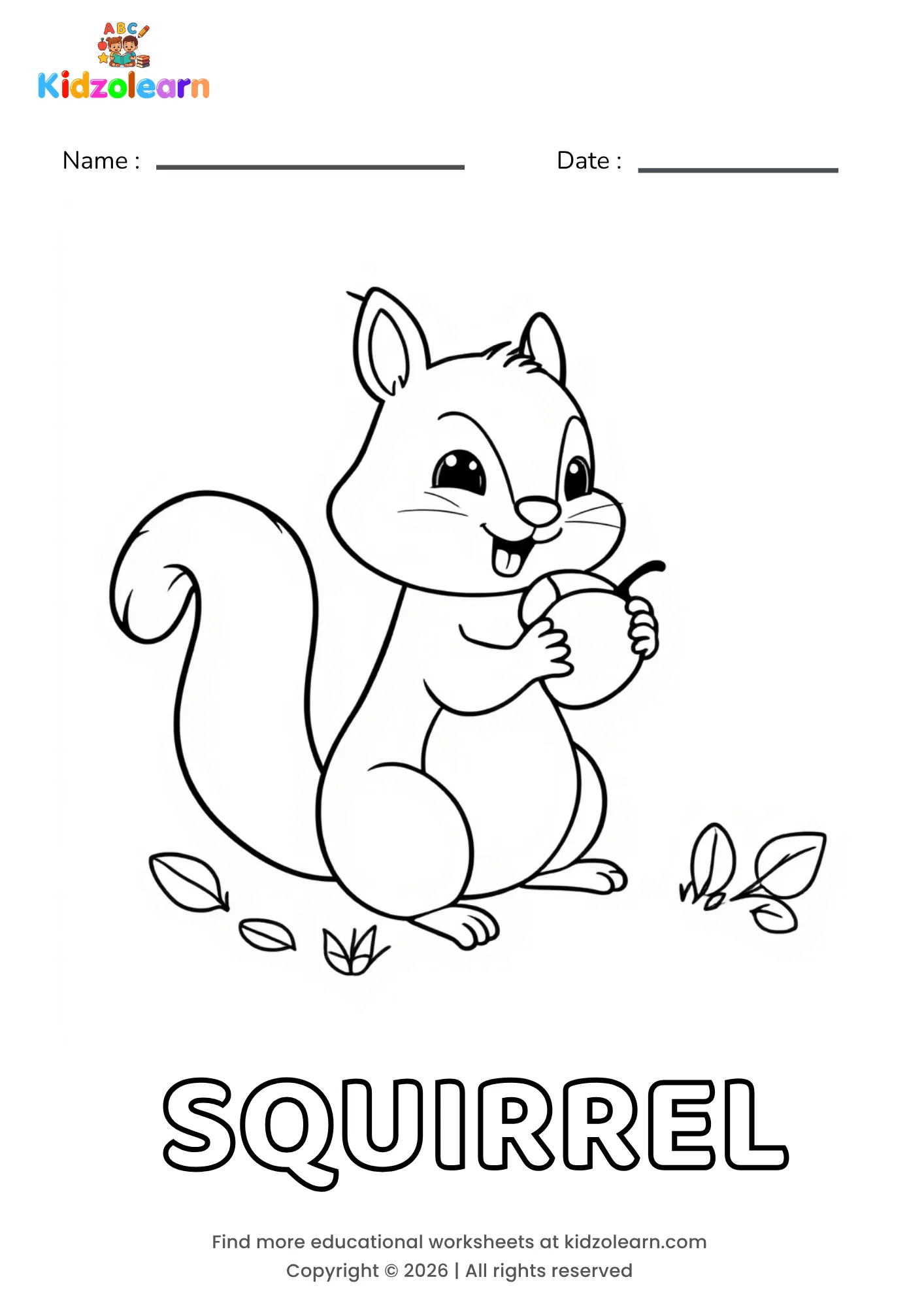 Free squirrel coloring page for kids – printable PDF of a bushy-tailed squirrel sitting among fallen leaves, holding an acorn in its paws