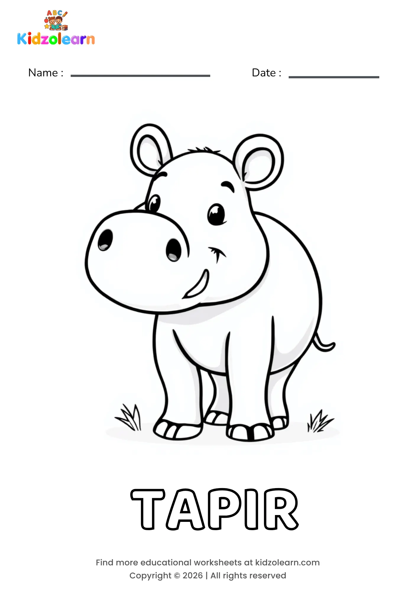 Free tapir coloring page for kids – printable PDF of a round-bodied tapir with a short trunk-like snout and small rounded ears