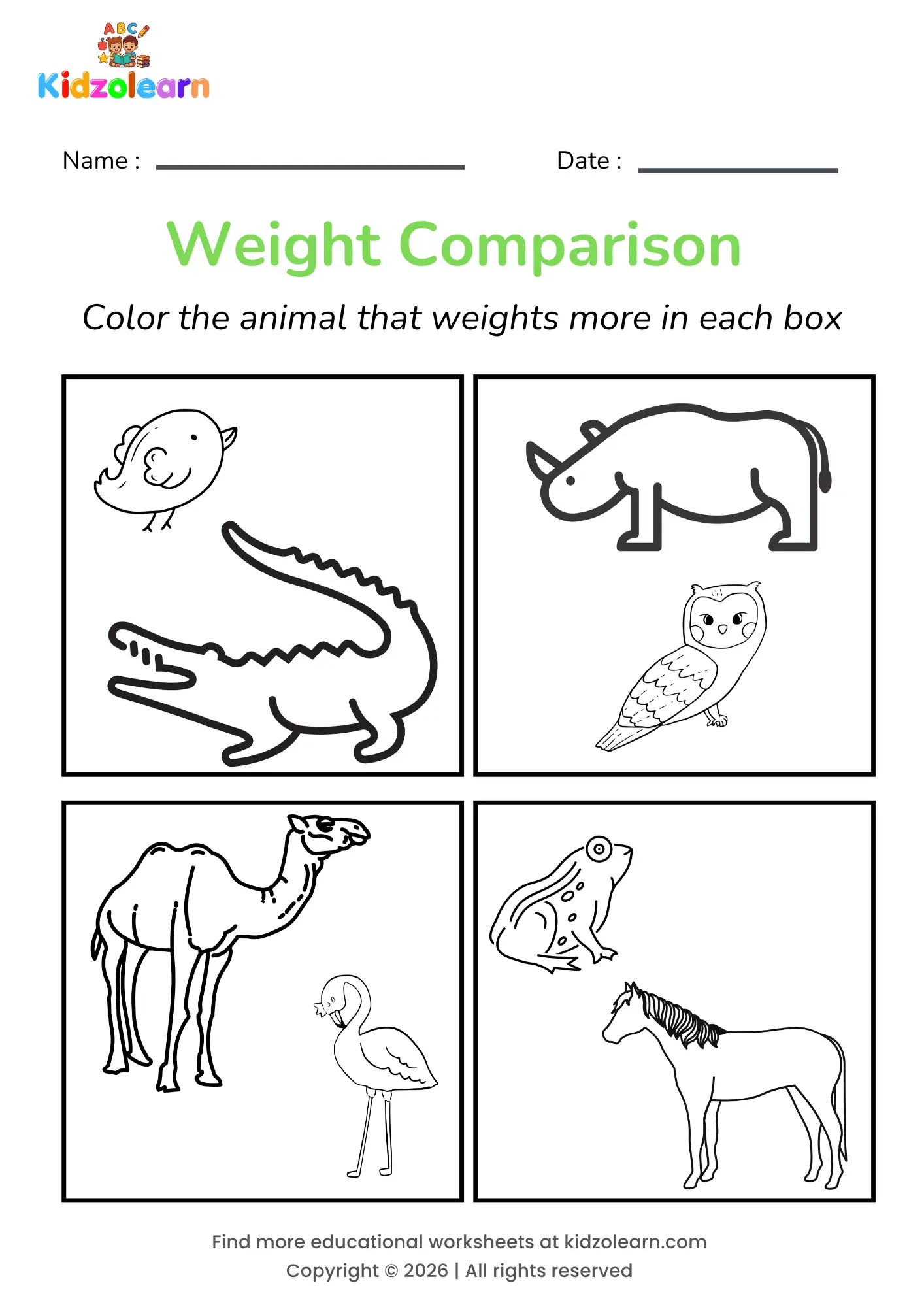 Free heavier and lighter worksheet for kids – printable PDF showing a bird and crocodile, a rhino and owl, a camel and flamingo, and a frog and horse for weight comparison practice
