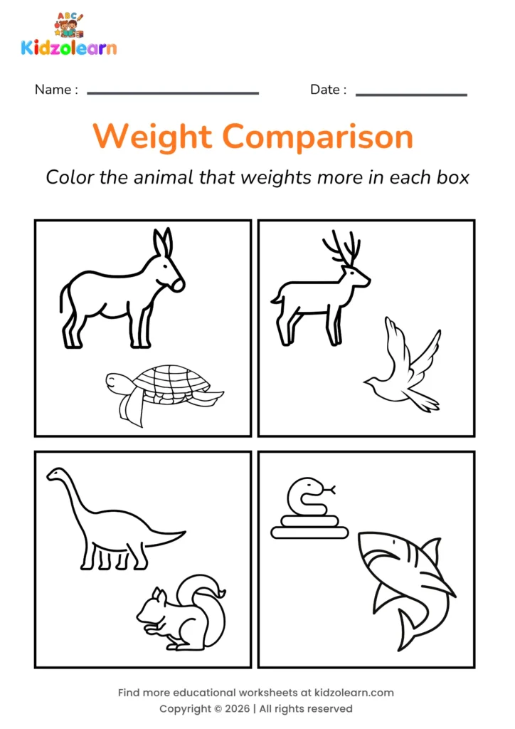 Free heavy and light worksheet for kids – printable PDF showing a donkey and turtle, a deer and bird, a dinosaur and squirrel, and a snake and shark for weight comparison practice