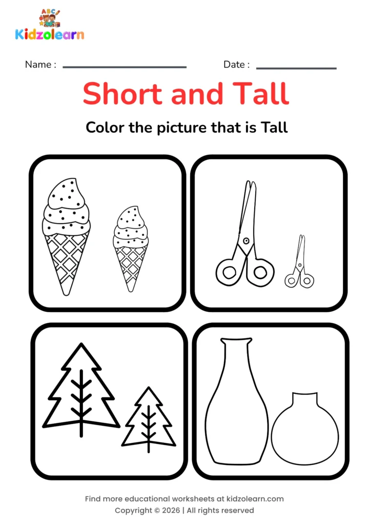 Free height comparison worksheet for kindergarten – printable PDF showing an ice cream cone, scissors, a tree and a vase for height comparison practice
