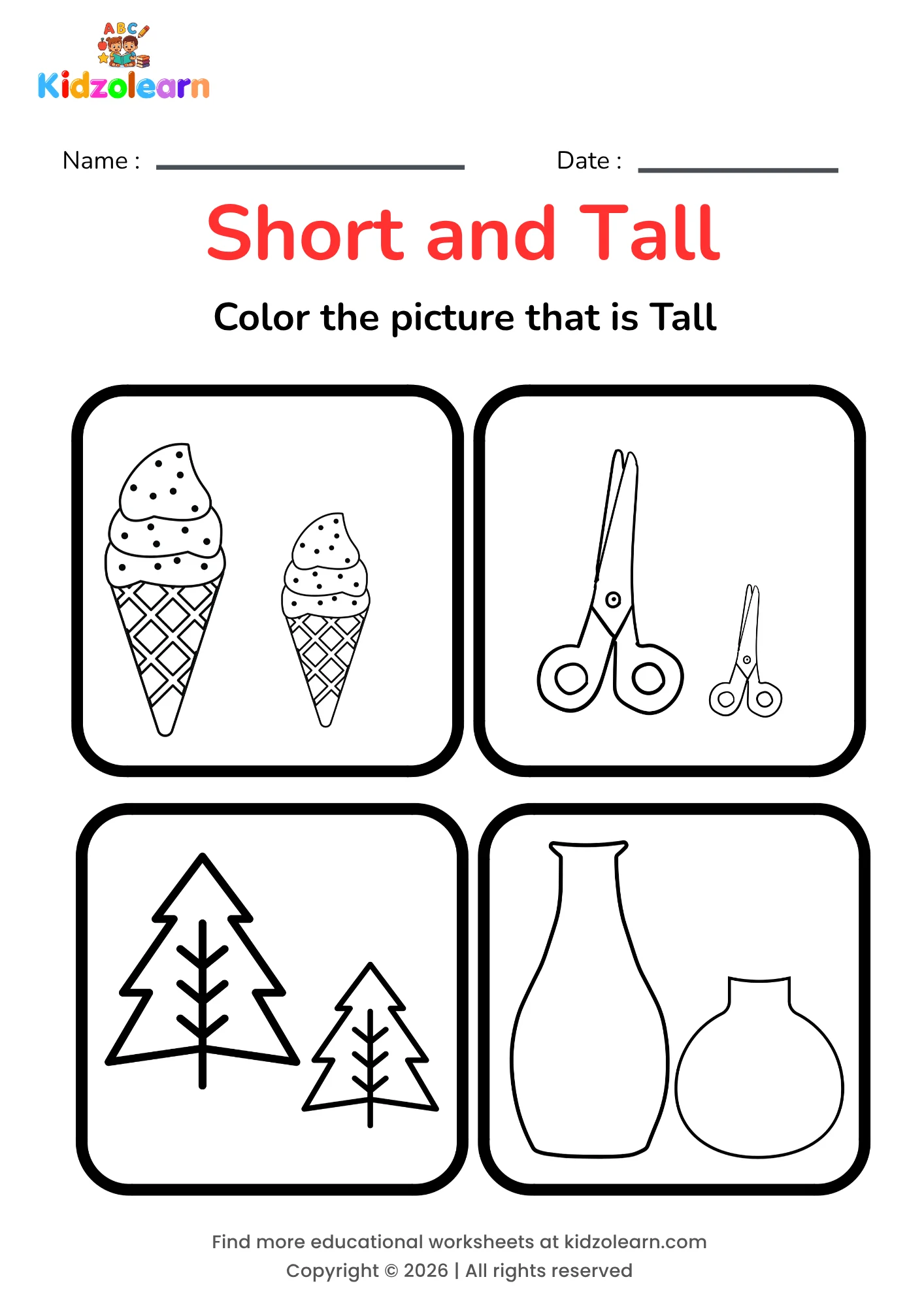 Free height comparison worksheet for kindergarten – printable PDF showing an ice cream cone, scissors, a tree and a vase for height comparison practice