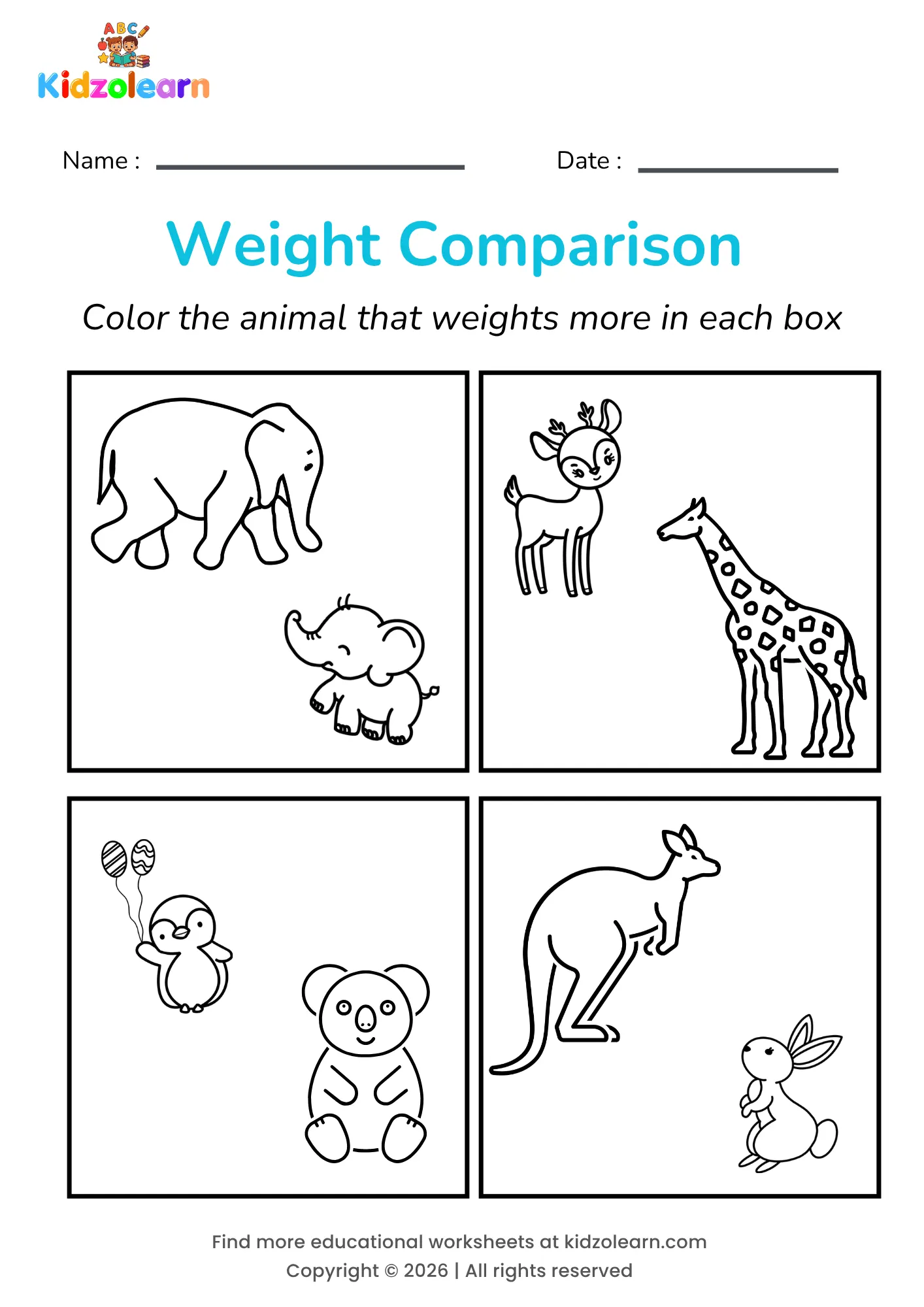 Free light and heavy worksheet for kids – printable PDF showing an elephant and baby elephant, a deer and giraffe, a penguin and koala, and a kangaroo and rabbit for weight comparison practice