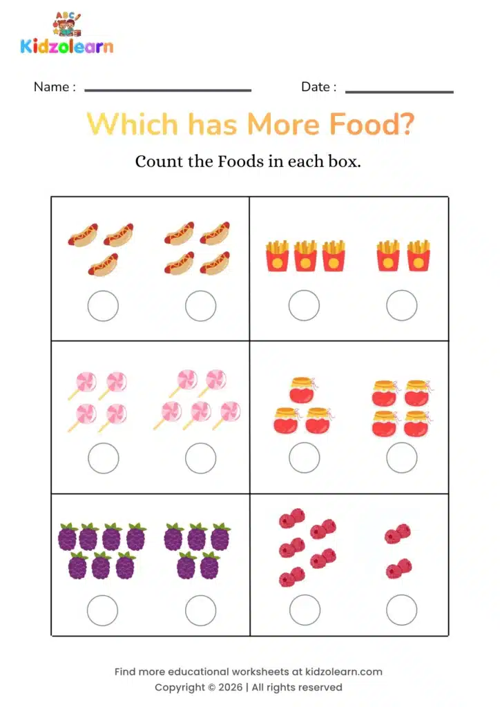 Free more and less worksheet for kindergarten for kids – printable PDF showing hot dogs, fries, lollipops, jam jars, blackberries and raspberries for counting and quantity comparison practice