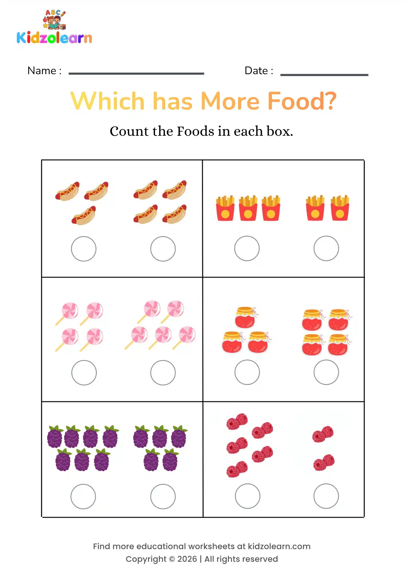 Free more and less worksheet for kindergarten for kids – printable PDF showing hot dogs, fries, lollipops, jam jars, blackberries and raspberries for counting and quantity comparison practice