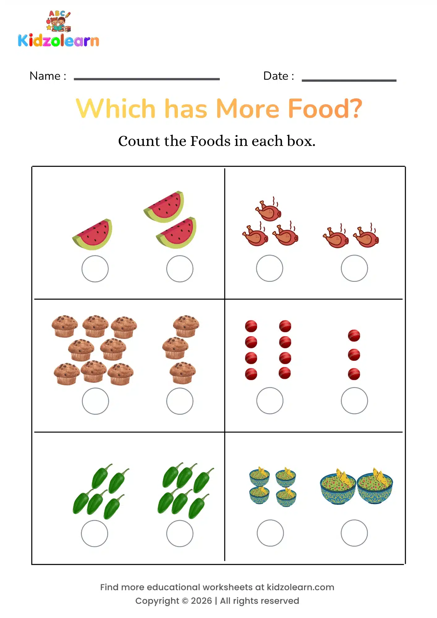 Free more or less worksheet for kids – printable PDF showing watermelon slices, chicken legs, muffins, cricket balls, chillies and taco bowls for counting and quantity comparison practice