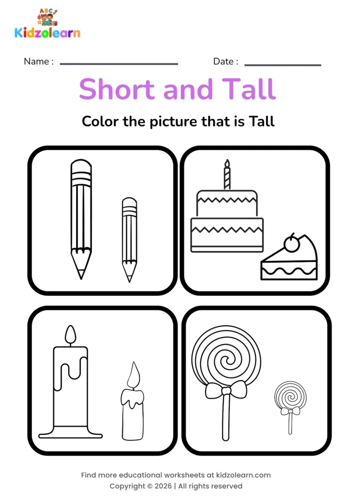 Free short and tall worksheet for kindergarten – printable PDF showing a pencil, a cake, a candle and a lollipop for height comparison practice