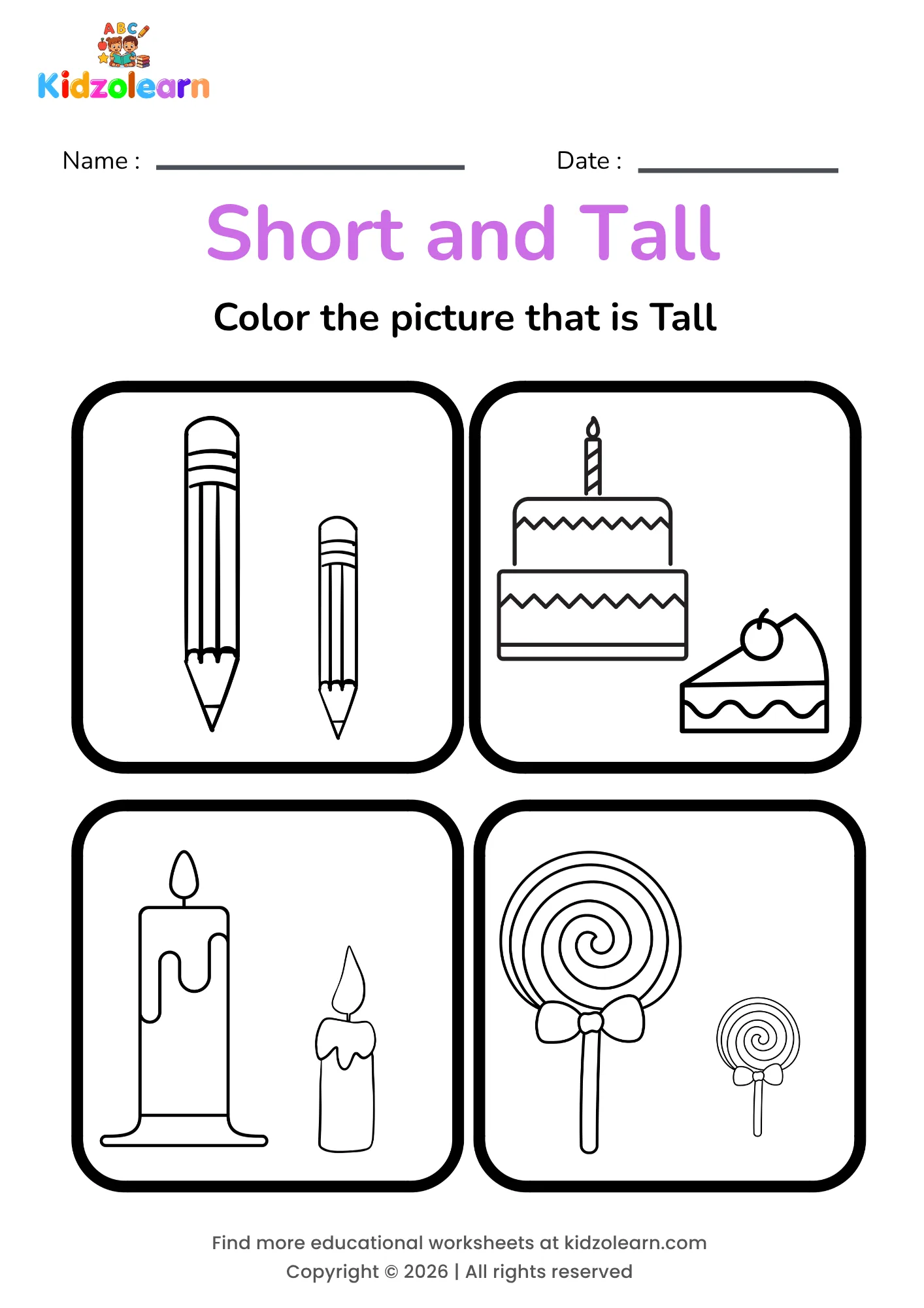 Free short and tall worksheet for kindergarten – printable PDF showing a pencil, a cake, a candle and a lollipop for height comparison practice
