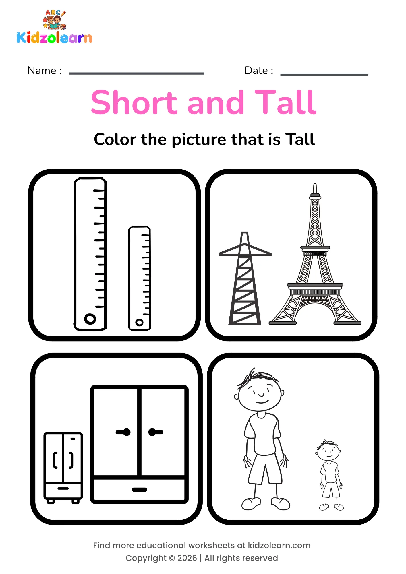 Free short and tall worksheet free printable for kids – printable PDF showing a ruler, a tower, a wardrobe and a boy for height comparison practice