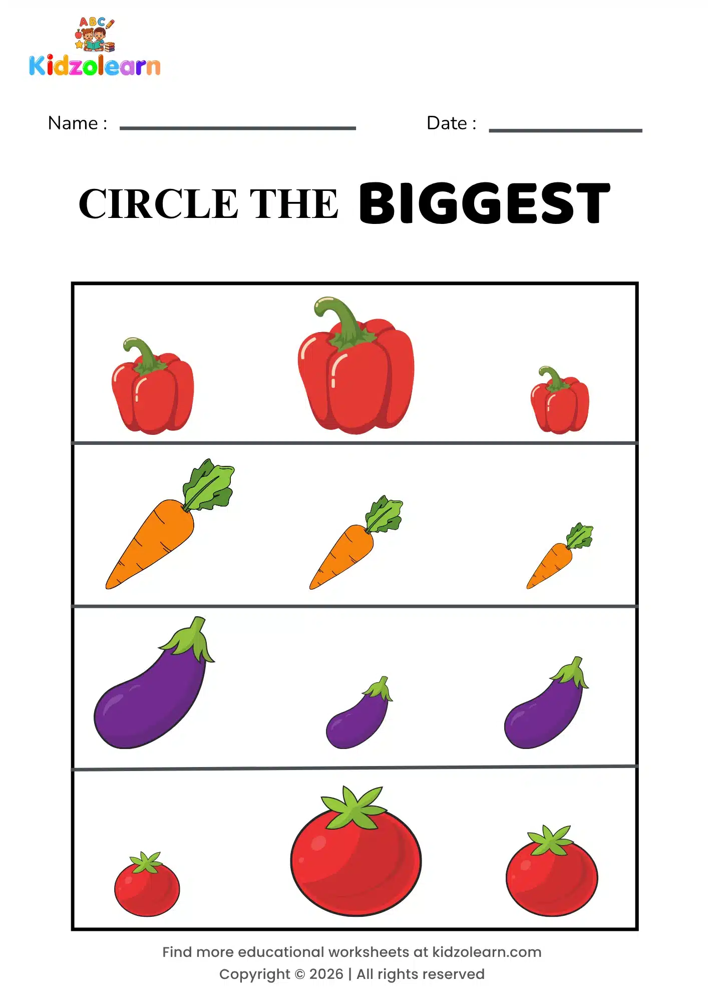 Free size comparison worksheet – printable PDF showing a bell pepper, carrot, eggplant and tomato for visual size comparison practice