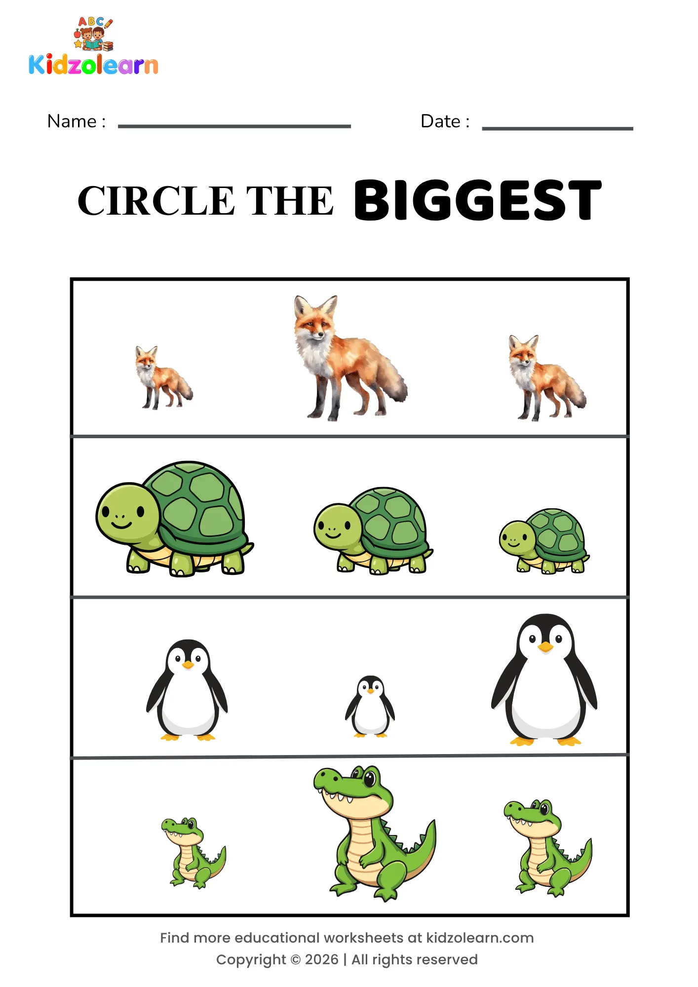 Free small and big worksheet for preschoolers – printable PDF showing a fox, turtle, penguin and crocodile for visual size comparison practice