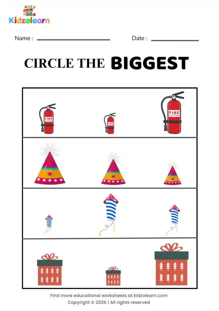 Free small medium big worksheet for kids – printable PDF showing a fire extinguisher, party hat, firework and gift box for visual size comparison practice