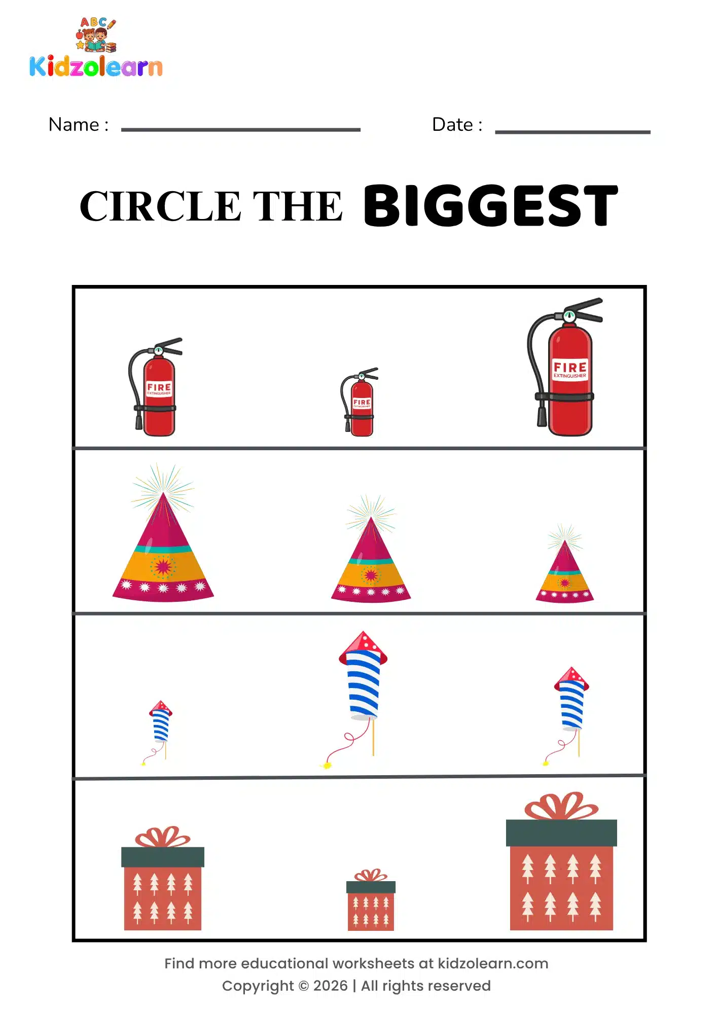 Free small medium big worksheet for kids – printable PDF showing a fire extinguisher, party hat, firework and gift box for visual size comparison practice