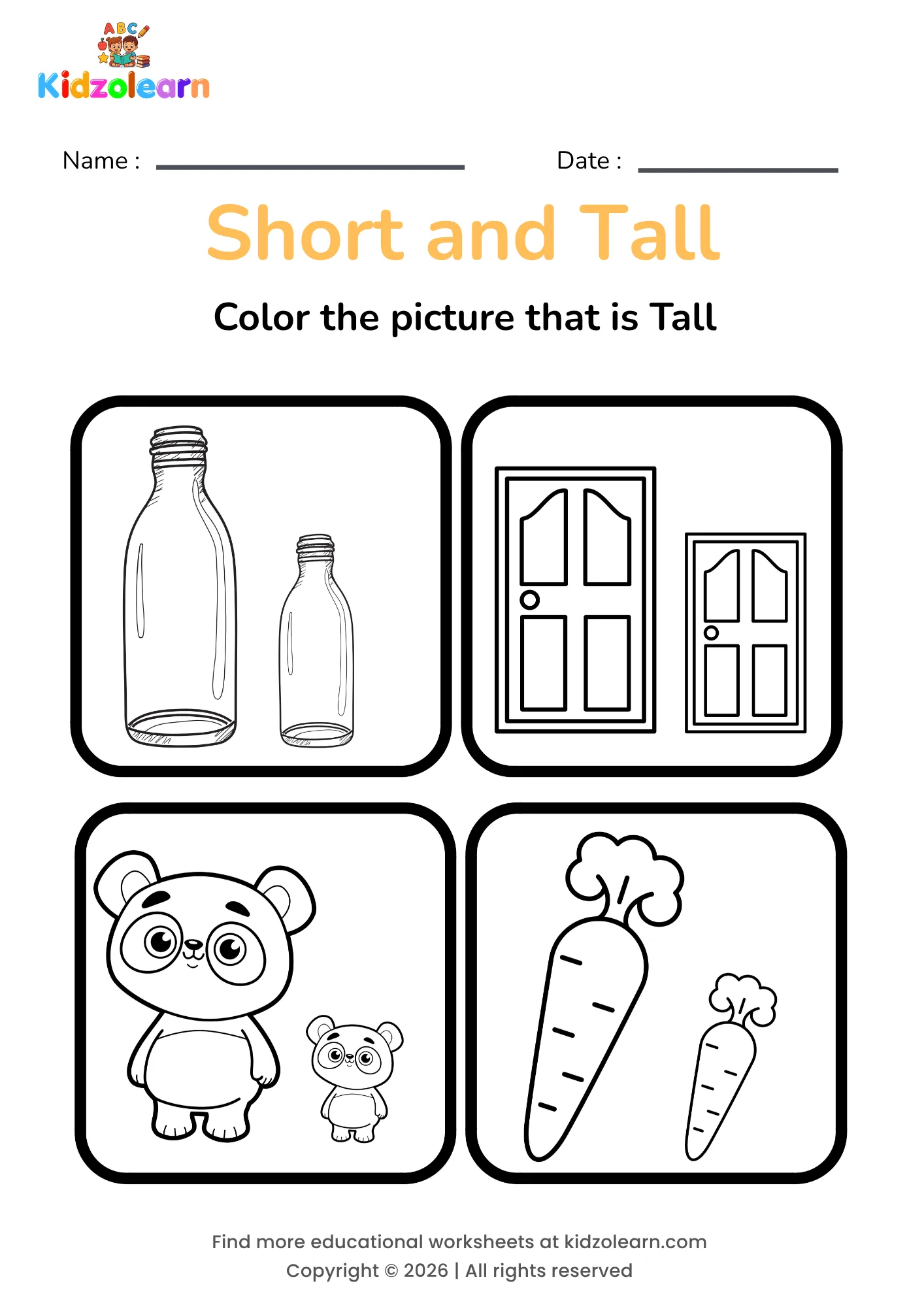 Free tall and short worksheet for kids – printable PDF showing a bottle, a door, a panda and a carrot for height comparison practice