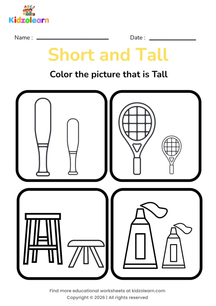 Free tall short worksheet pdf for kids – printable PDF showing a bat, a racket, a stool and a toothpaste tube for height comparison practice