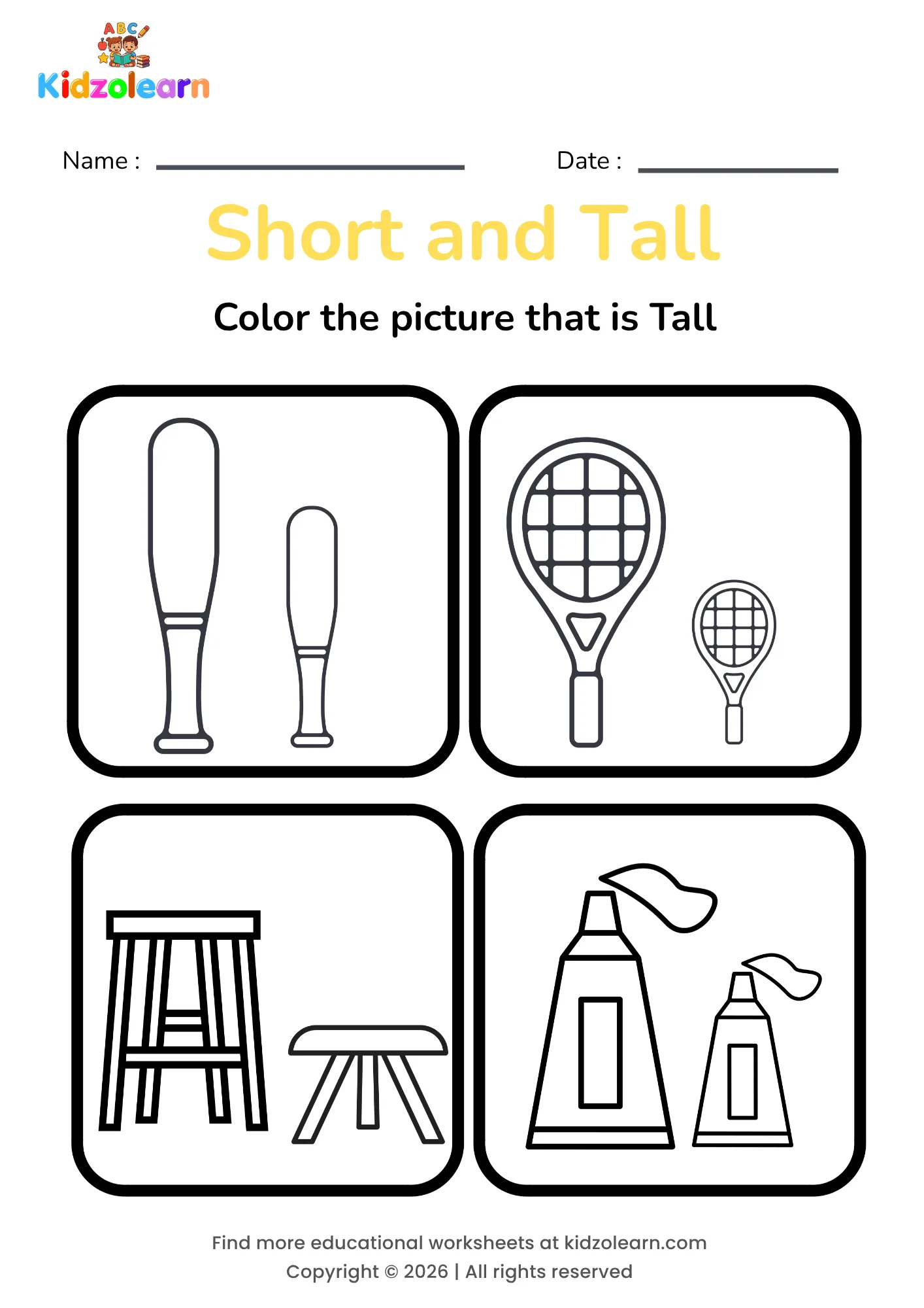 Free tall short worksheet pdf for kids – printable PDF showing a bat, a racket, a stool and a toothpaste tube for height comparison practice