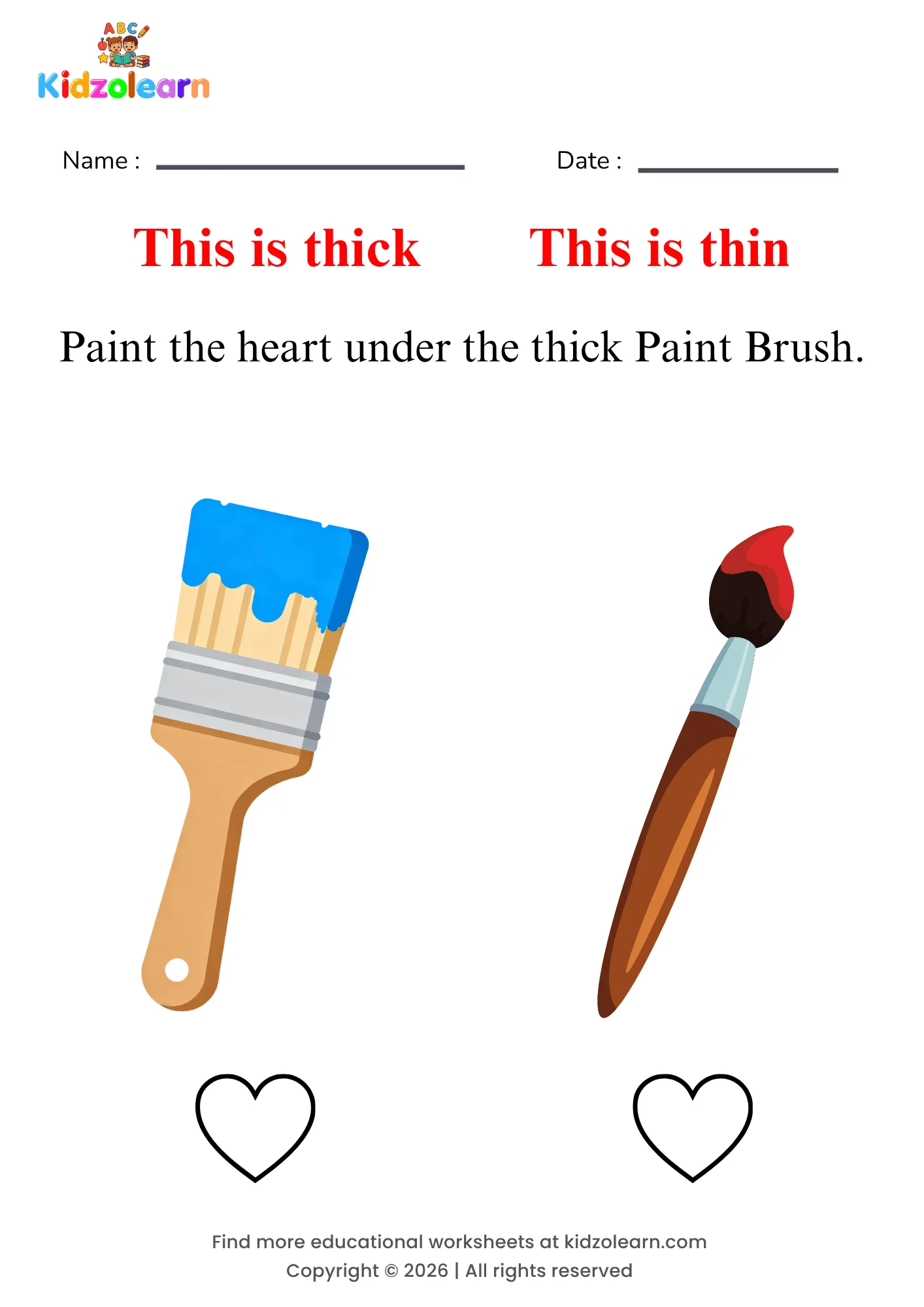 Free thick and thin comparison worksheet for kids – printable PDF showing a thin paint brush and a thick paint brush for thickness comparison practice