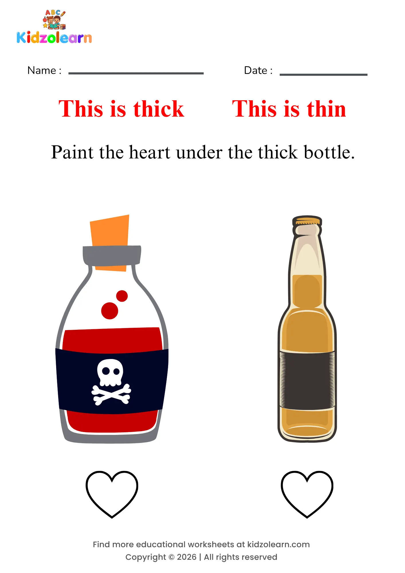 Free thick and thin objects worksheet for kids – printable PDF showing a thin bottle and a thick bottle for thickness comparison practice